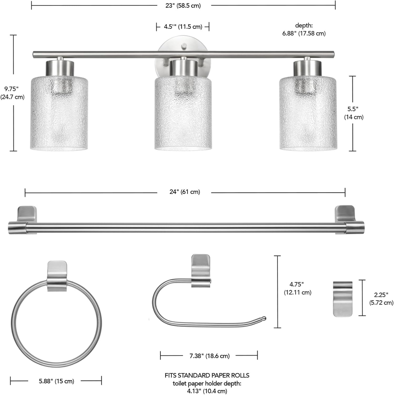 image:imageGlobe Electric 51234 5Piece AllinOne Bathroom Set Chrome 23 3Light Vanity Wall Light with Clear Glass Shades Towel Bar and Ring Robe Hook Toilet Paper Holder Beauty Room AccessoriesBrushed Nickel