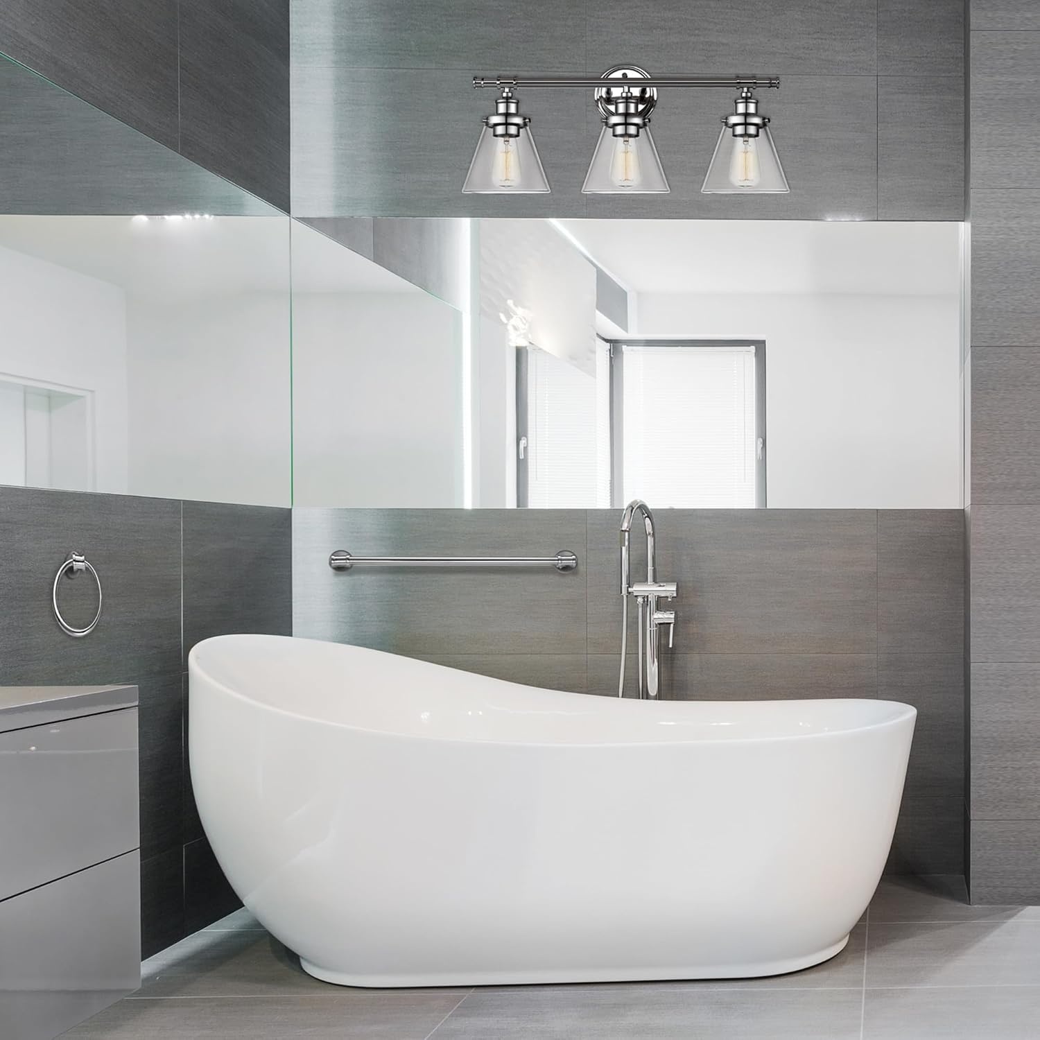 image:imageGlobe Electric 51234 5Piece AllinOne Bathroom Set Chrome 23 3Light Vanity Wall Light with Clear Glass Shades Towel Bar and Ring Robe Hook Toilet Paper Holder Beauty Room AccessoriesChrome Parker
