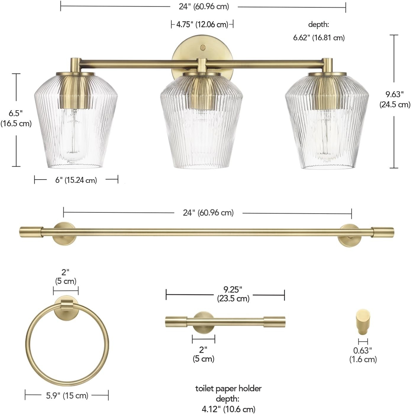image:imageGlobe Electric 51234 5Piece AllinOne Bathroom Set Chrome 23 3Light Vanity Wall Light with Clear Glass Shades Towel Bar and Ring Robe Hook Toilet Paper Holder Beauty Room AccessoriesBrass