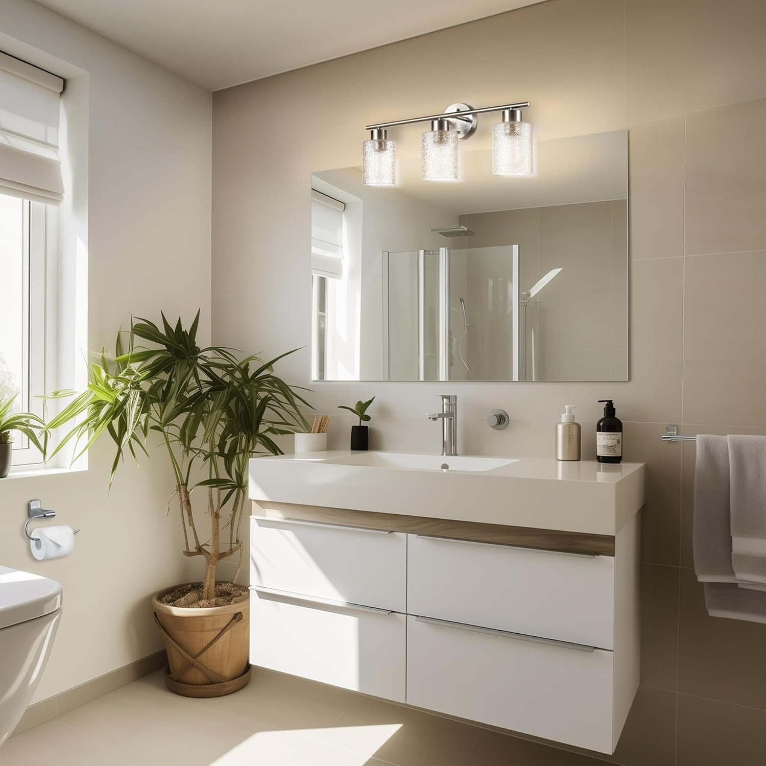 image:imageGlobe Electric 51234 5Piece AllinOne Bathroom Set Chrome 23 3Light Vanity Wall Light with Clear Glass Shades Towel Bar and Ring Robe Hook Toilet Paper Holder Beauty Room AccessoriesBrushed Nickel