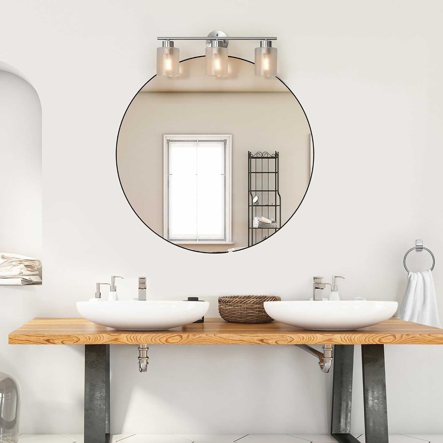 image:imageGlobe Electric 51234 5Piece AllinOne Bathroom Set Chrome 23 3Light Vanity Wall Light with Clear Glass Shades Towel Bar and Ring Robe Hook Toilet Paper Holder Beauty Room AccessoriesBrushed Nickel