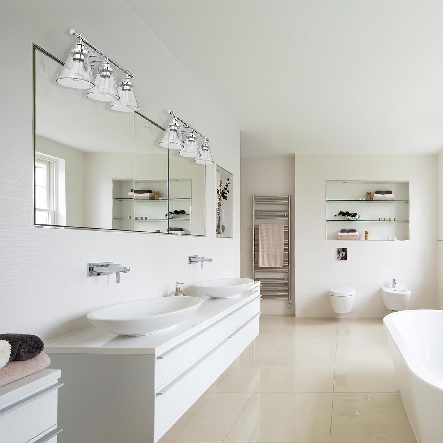 image:imageGlobe Electric 51234 5Piece AllinOne Bathroom Set Chrome 23 3Light Vanity Wall Light with Clear Glass Shades Towel Bar and Ring Robe Hook Toilet Paper Holder Beauty Room AccessoriesChrome Parker