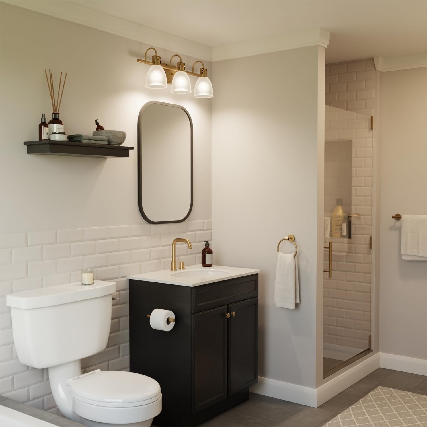 image:imageGlobe Electric 51234 5Piece AllinOne Bathroom Set Chrome 23 3Light Vanity Wall Light with Clear Glass Shades Towel Bar and Ring Robe Hook Toilet Paper Holder Beauty Room AccessoriesMatte Brass Frosted Opal Glass