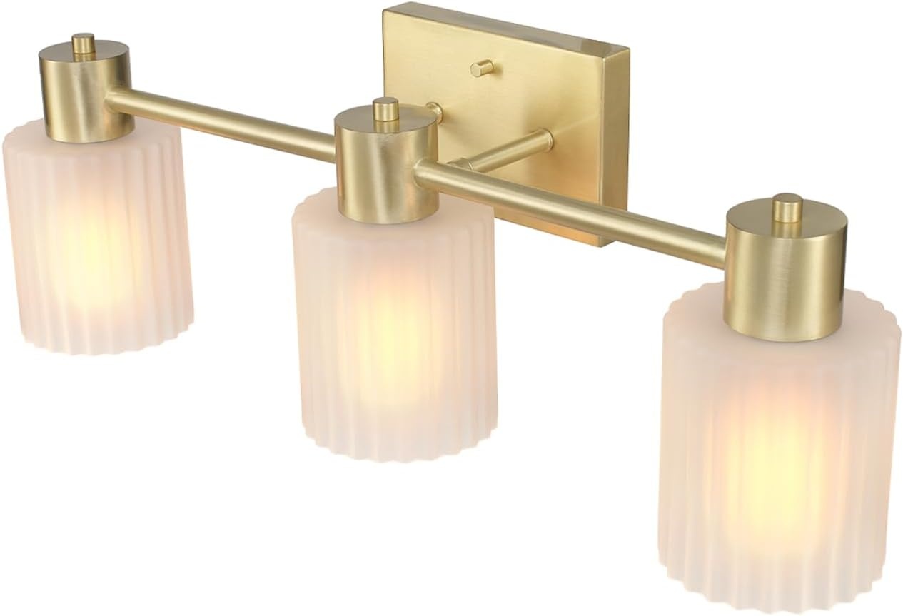 image:imageGlobe Electric 51234 5Piece AllinOne Bathroom Set Chrome 23 3Light Vanity Wall Light with Clear Glass Shades Towel Bar and Ring Robe Hook Toilet Paper Holder Beauty Room AccessoriesMatte Brass Frosted Ribbed Glass