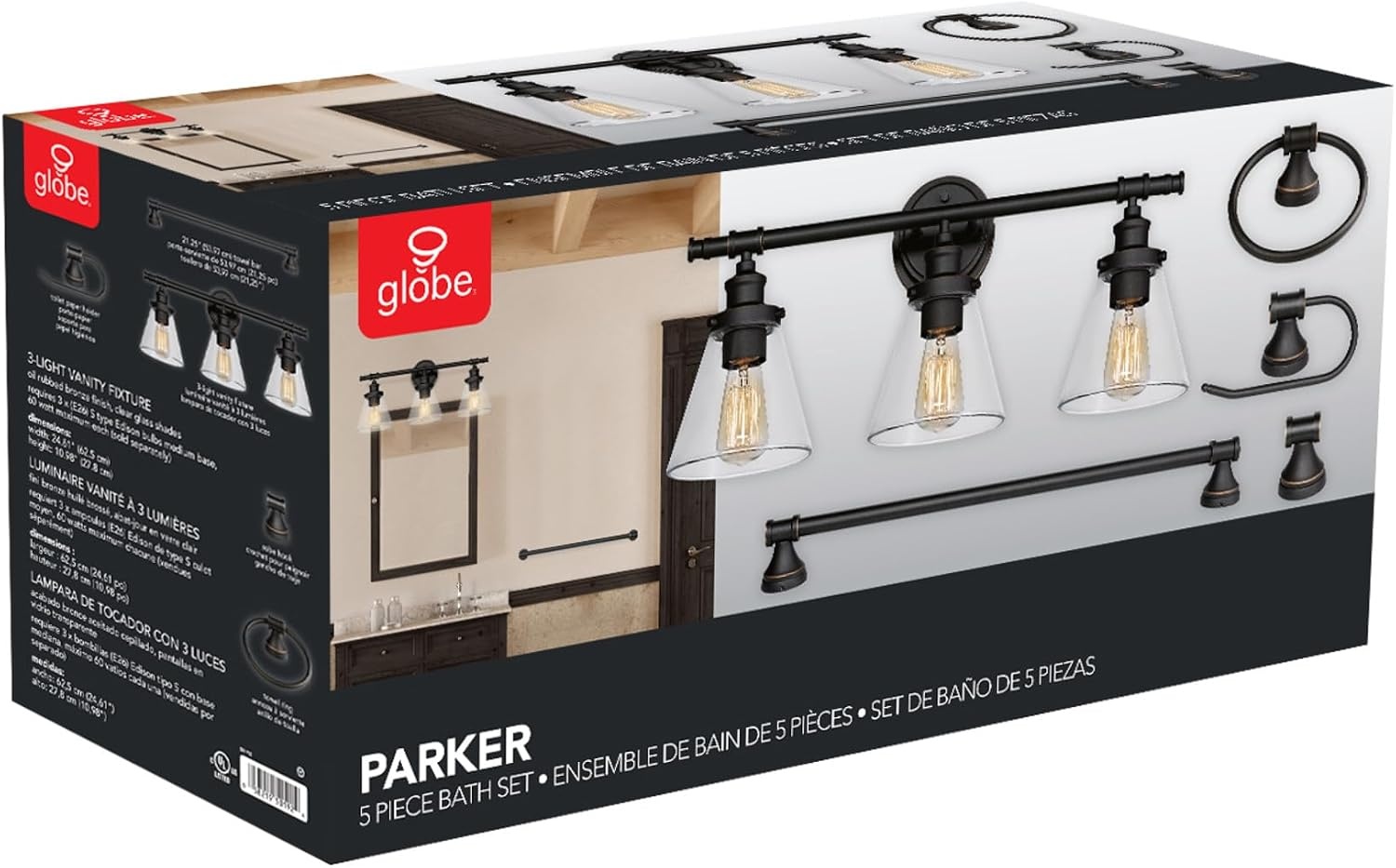 image:imageGlobe Electric 51234 5Piece AllinOne Bathroom Set Chrome 23 3Light Vanity Wall Light with Clear Glass Shades Towel Bar and Ring Robe Hook Toilet Paper Holder Beauty Room AccessoriesBronze Parker