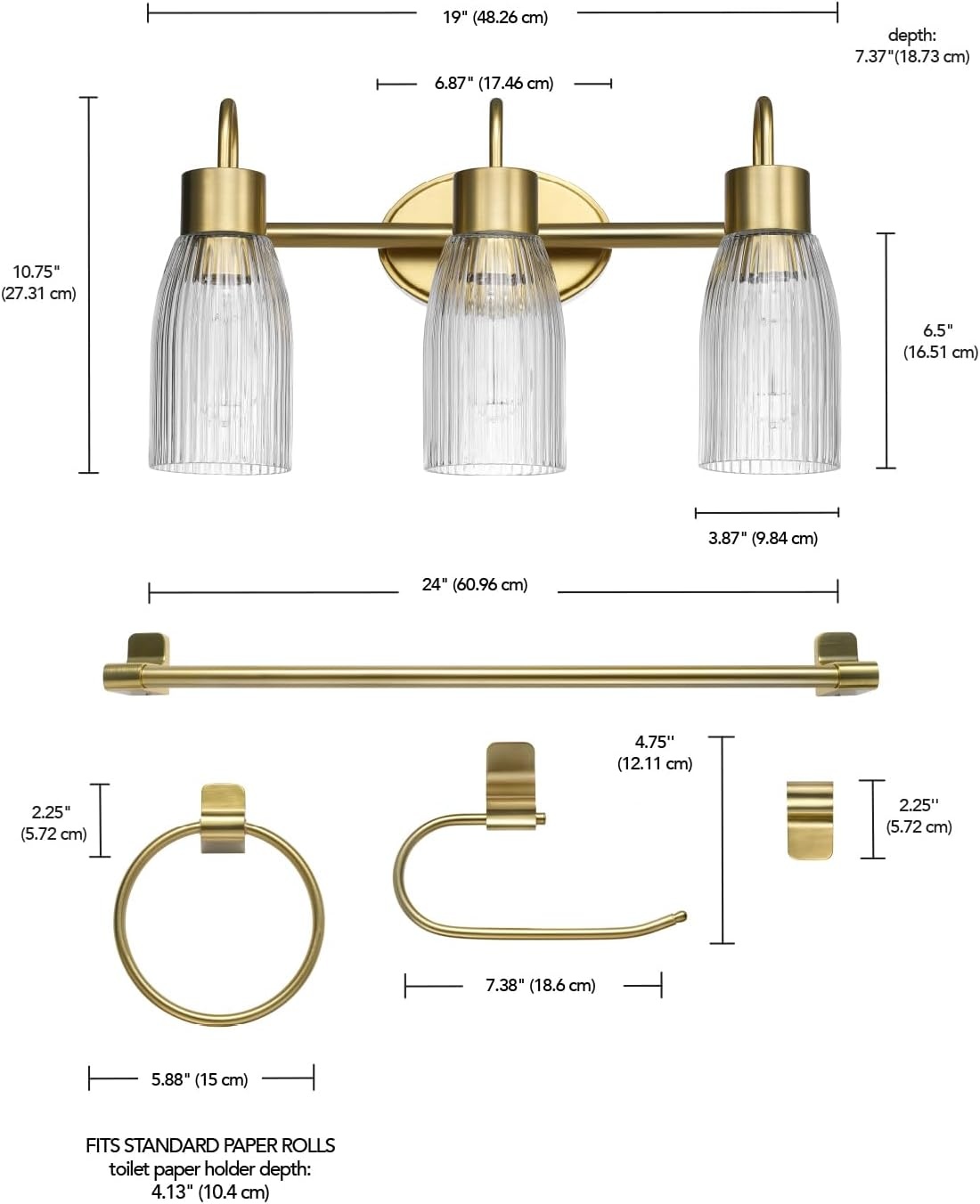 image:imageGlobe Electric 51234 5Piece AllinOne Bathroom Set Chrome 23 3Light Vanity Wall Light with Clear Glass Shades Towel Bar and Ring Robe Hook Toilet Paper Holder Beauty Room AccessoriesBlack Ribbed Shades