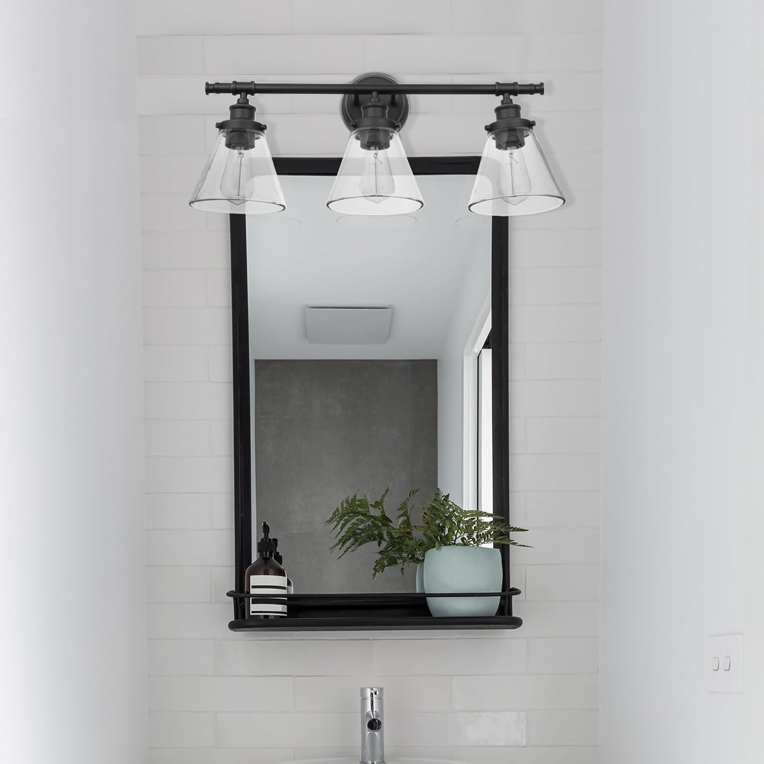 image:imageGlobe Electric 51234 5Piece AllinOne Bathroom Set Chrome 23 3Light Vanity Wall Light with Clear Glass Shades Towel Bar and Ring Robe Hook Toilet Paper Holder Beauty Room AccessoriesBronze Parker