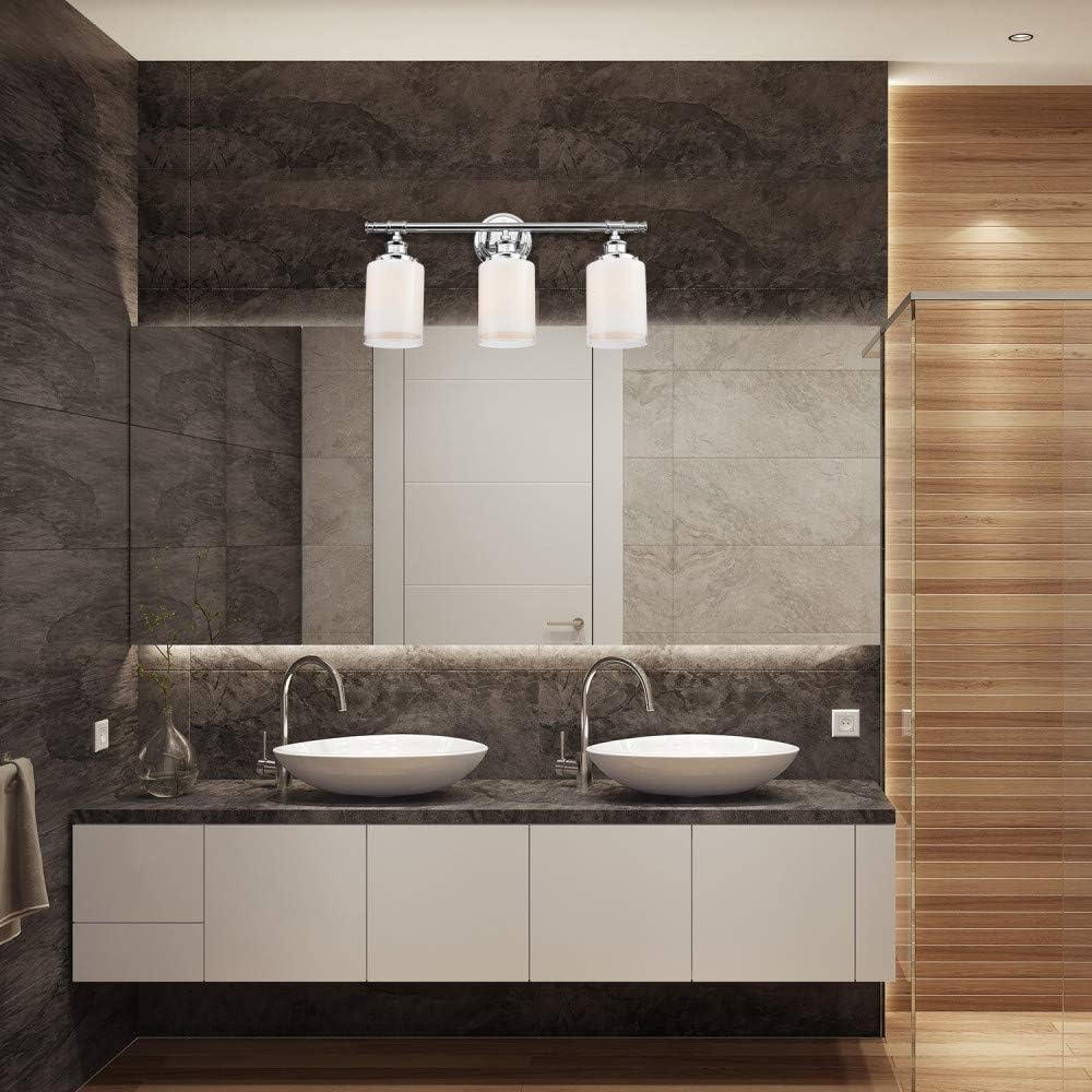 image:imageGlobe Electric 51414 Freya 5Piece AllinOne Bathroom Set 3 Vanity Light with White Shades Bar Towel Ring Robe Hook Toilet Paper Holder Chrome with Frosted Glass