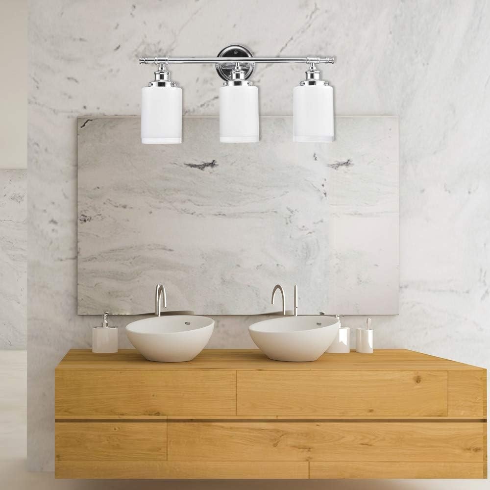 image:imageGlobe Electric 51414 Freya 5Piece AllinOne Bathroom Set 3 Vanity Light with White Shades Bar Towel Ring Robe Hook Toilet Paper Holder Chrome with Frosted Glass