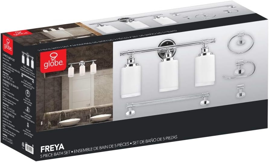 image:imageGlobe Electric 51414 Freya 5Piece AllinOne Bathroom Set 3 Vanity Light with White Shades Bar Towel Ring Robe Hook Toilet Paper Holder Chrome with Frosted Glass