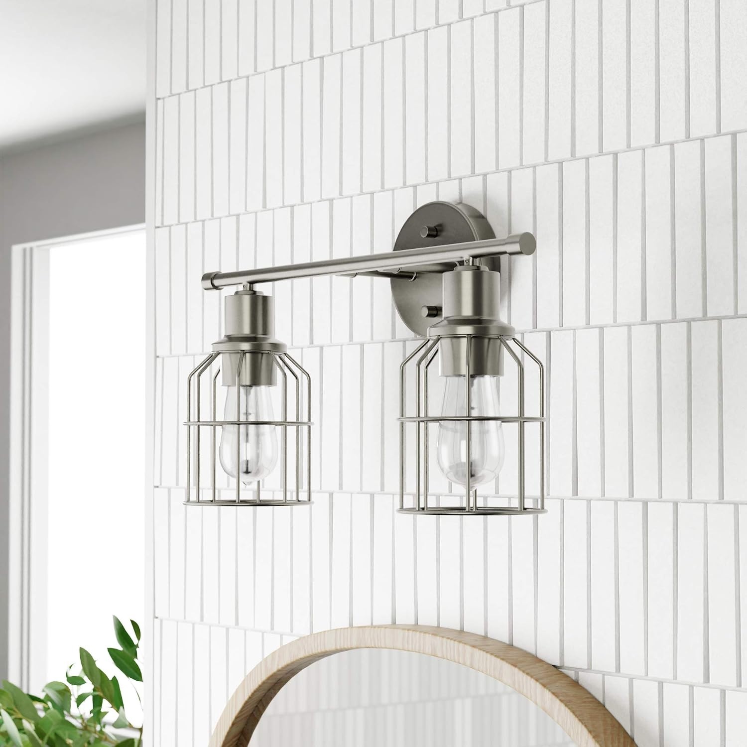 image:imageGlobe Electric 51623 Dundas 2Light Vanity Light Brushed Nickel Cage Shades Bulbs IncludedBrushed Nickel