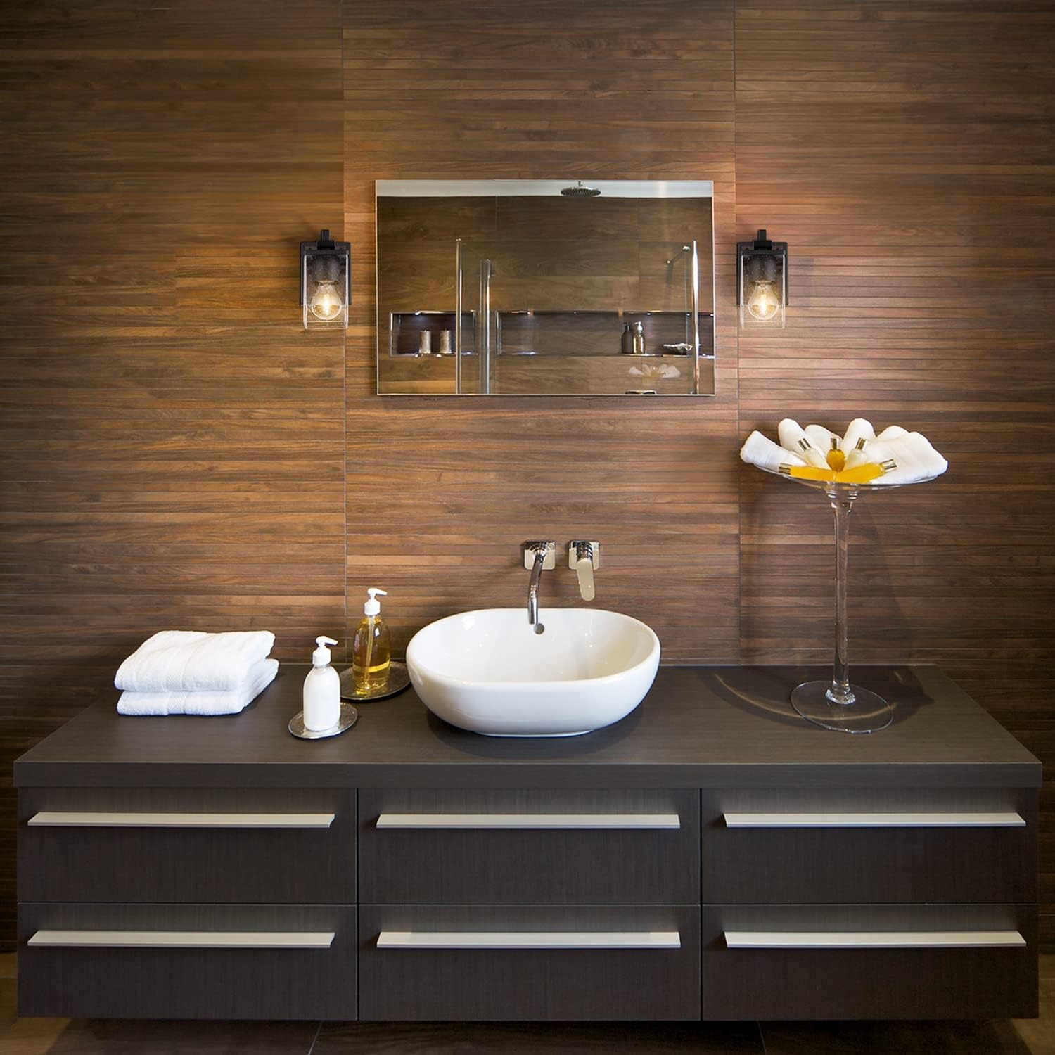 image:imageGlobe Electric 51634 Dakota 5Piece AllinOne Bathroom Set 3 Vanity Light with Seeded Glass Shades Bar Toilet Paper Holder Towel Ring Robe Hook Matte BlackFaux Wood 1Light