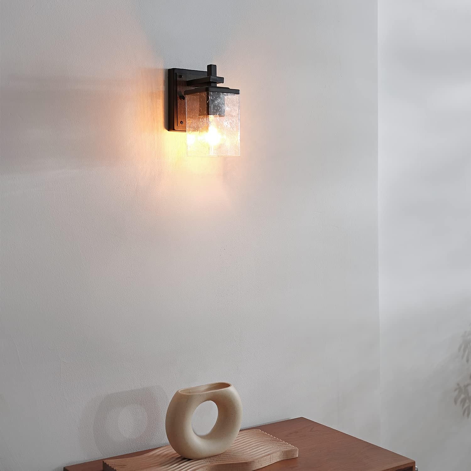 image:imageGlobe Electric 51634 Dakota 5Piece AllinOne Bathroom Set 3 Vanity Light with Seeded Glass Shades Bar Toilet Paper Holder Towel Ring Robe Hook Matte BlackFaux Wood 1Light