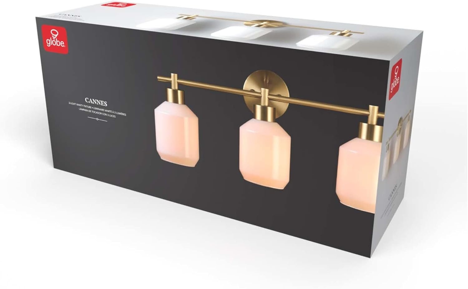 image:imageGlobe Electric 52055 Cannes 3Light Vanity Light Matte Brass Opal Glass Shades