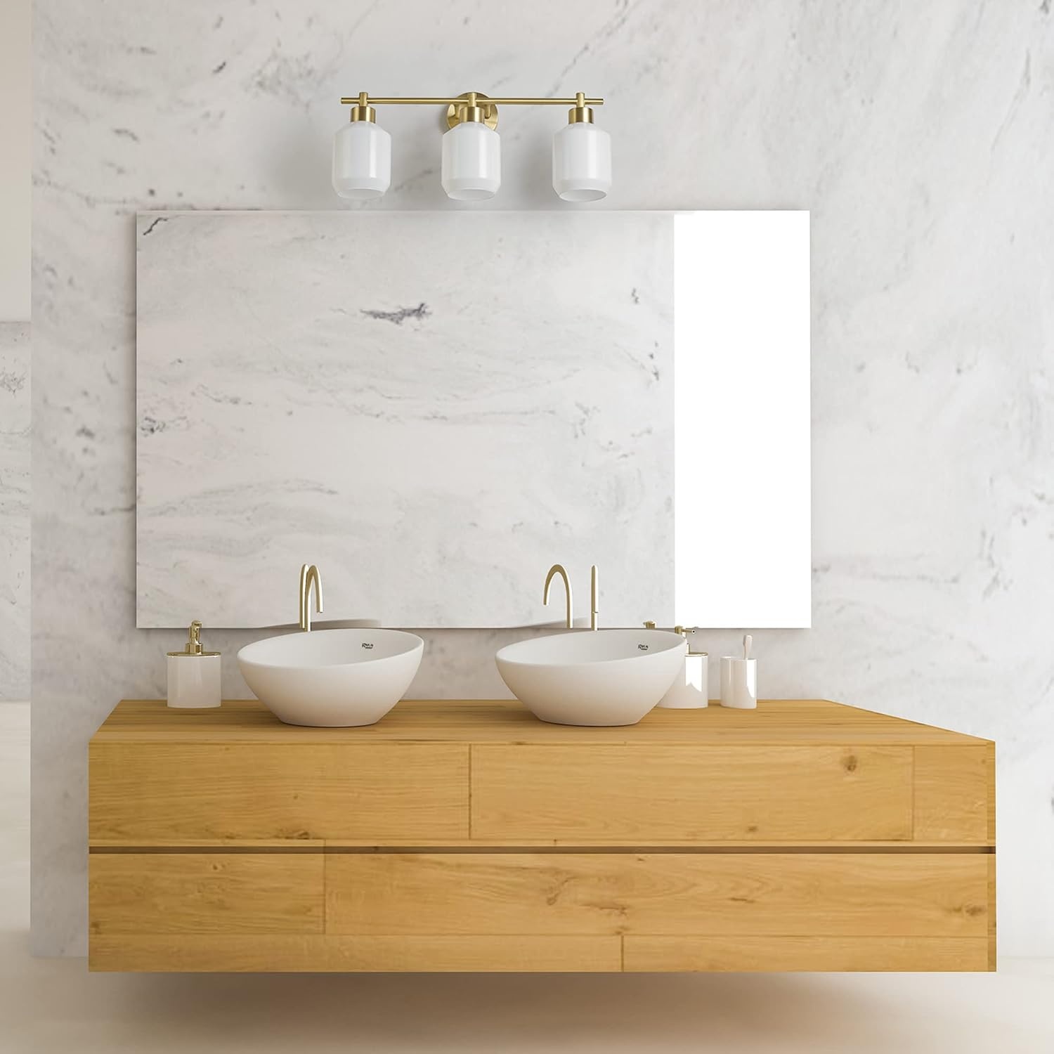 image:imageGlobe Electric 52055 Cannes 3Light Vanity Light Matte Brass Opal Glass Shades