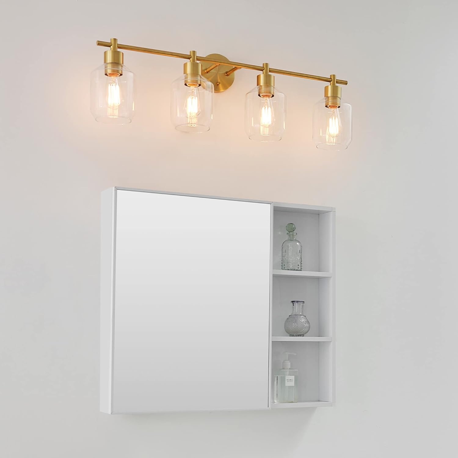 image:imageGlobe Electric 52083 Cannes 4Light Vanity Light Matte Brass Opal Glass Shades Bulb Not IncludedCannes 4Light