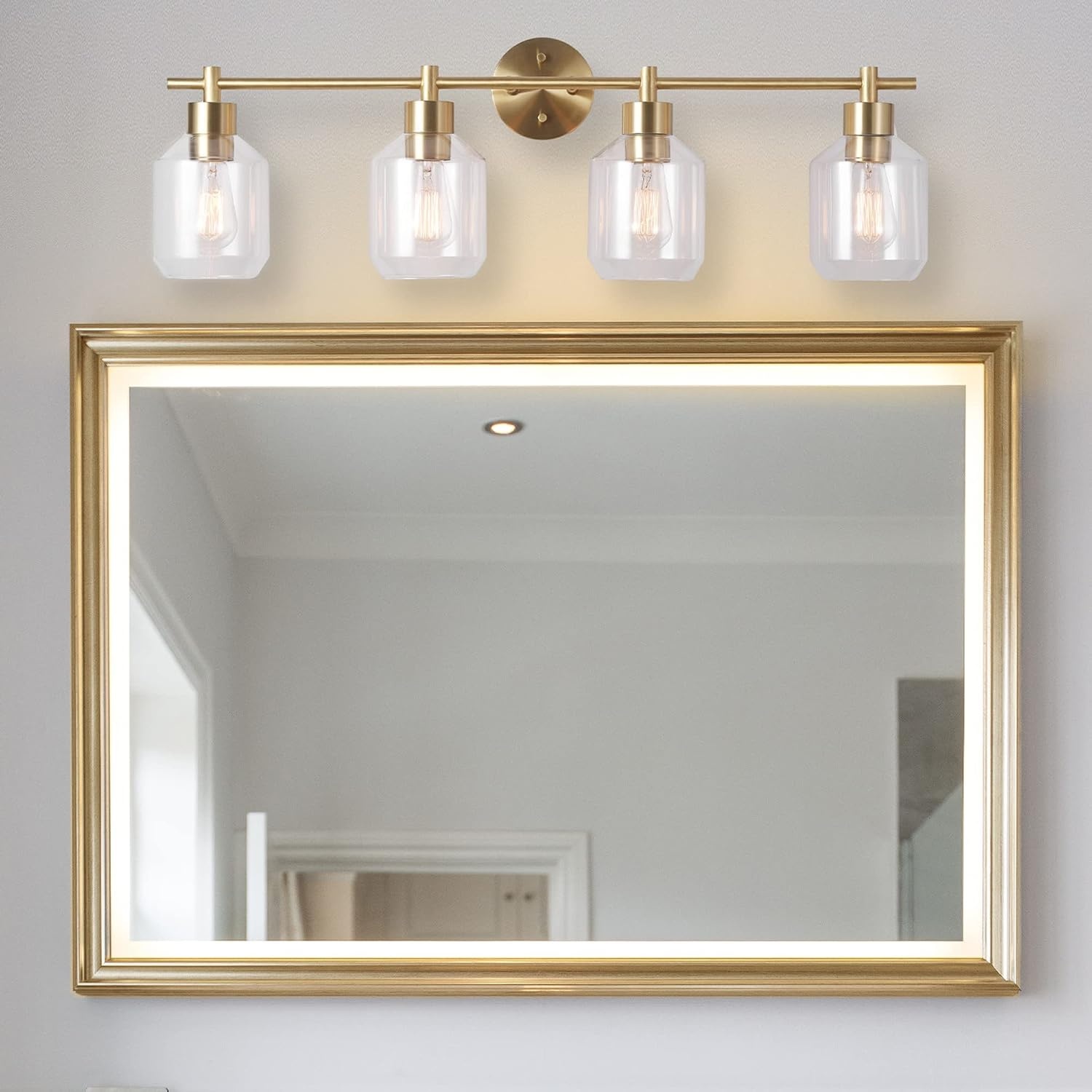 image:imageGlobe Electric 52083 Cannes 4Light Vanity Light Matte Brass Opal Glass Shades Bulb Not IncludedCannes 4Light