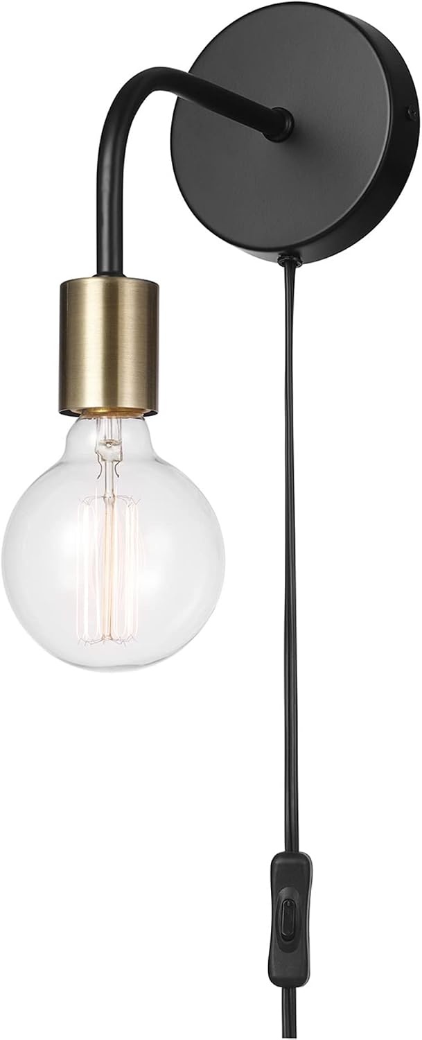 image:imageGlobe Electric 52103 1Light Long Arm Plugin or Hardwire Wall Sconce Matte Black Matte Brass Socket Wall Lights for Living Room Bedroom Den Apartment Essentials Mounted Bedside Lamp