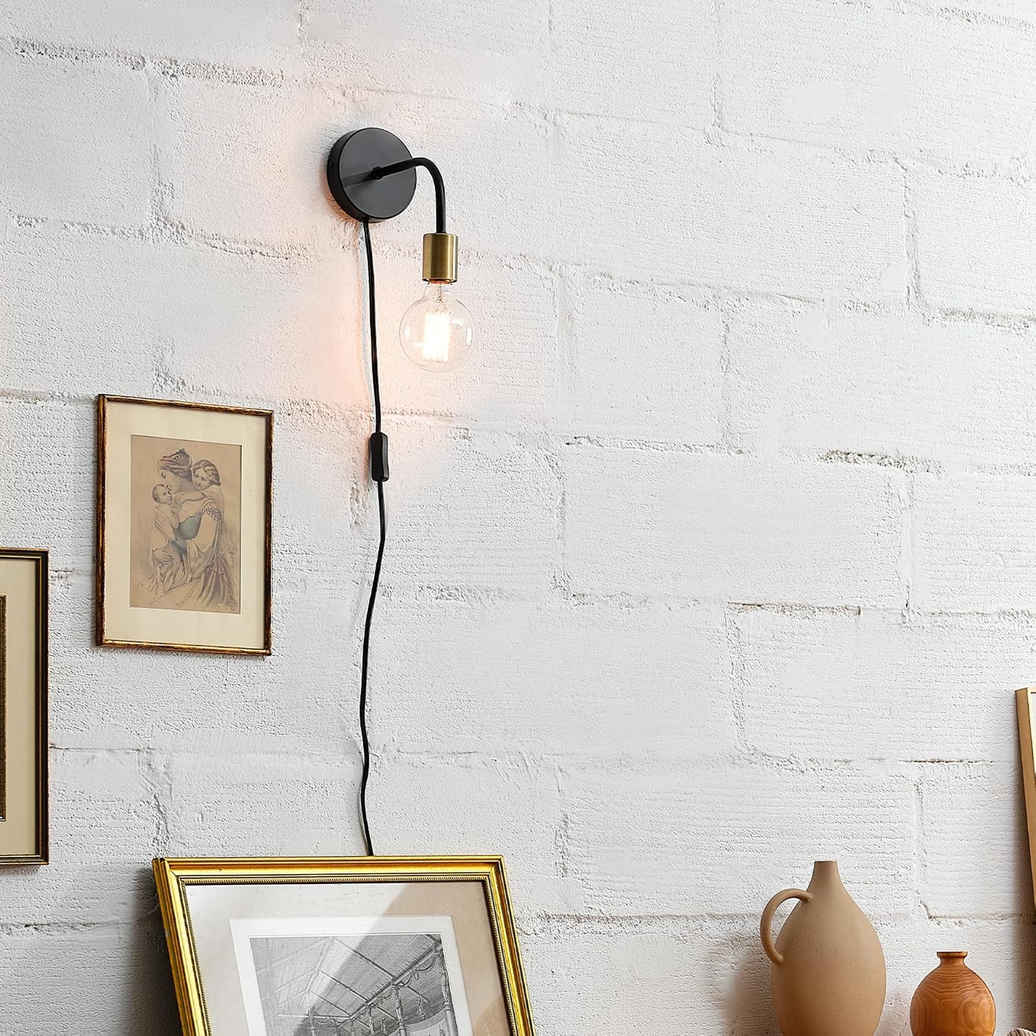 image:imageGlobe Electric 52103 1Light Long Arm Plugin or Hardwire Wall Sconce Matte Black Matte Brass Socket Wall Lights for Living Room Bedroom Den Apartment Essentials Mounted Bedside Lamp
