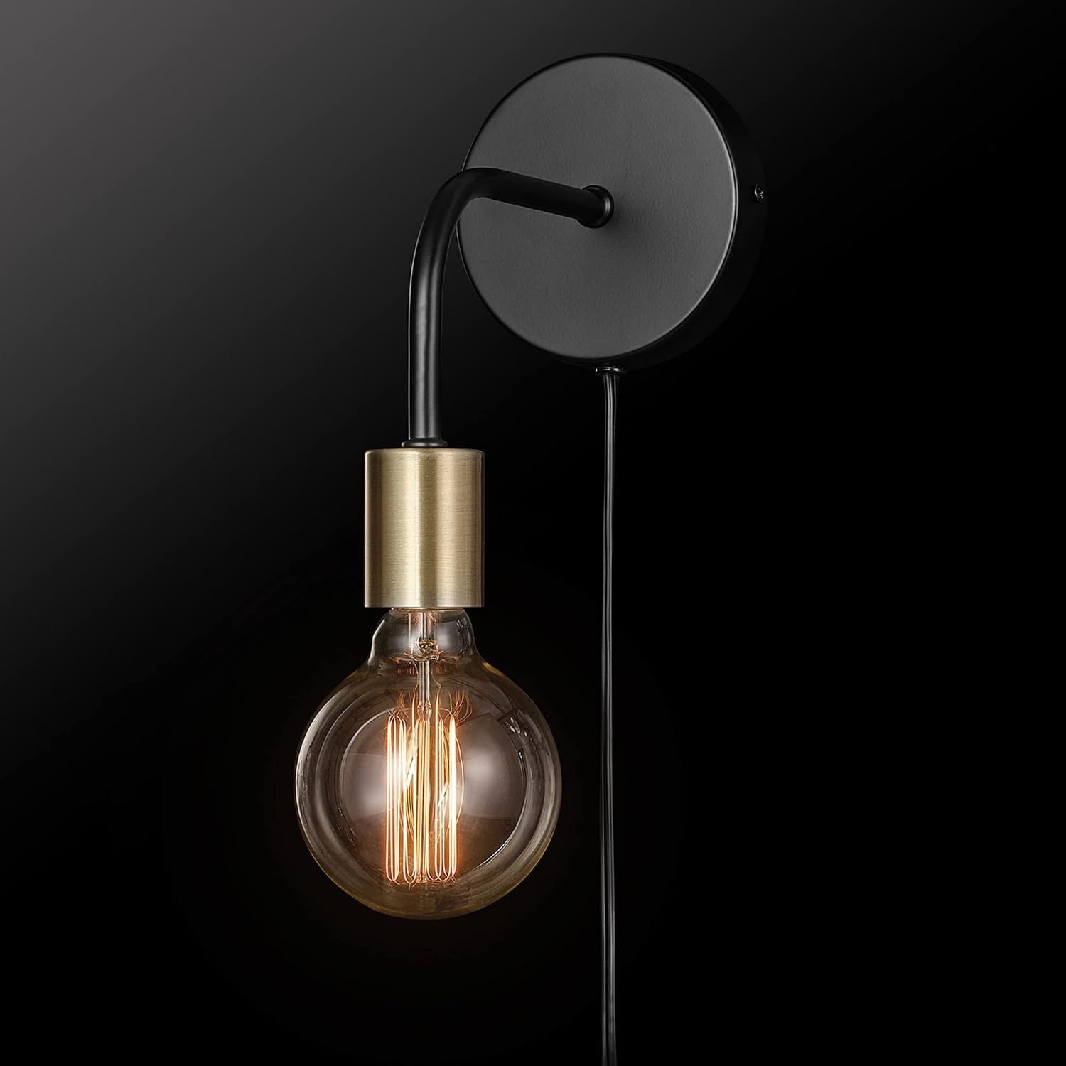image:imageGlobe Electric 52103 1Light Long Arm Plugin or Hardwire Wall Sconce Matte Black Matte Brass Socket Wall Lights for Living Room Bedroom Den Apartment Essentials Mounted Bedside Lamp