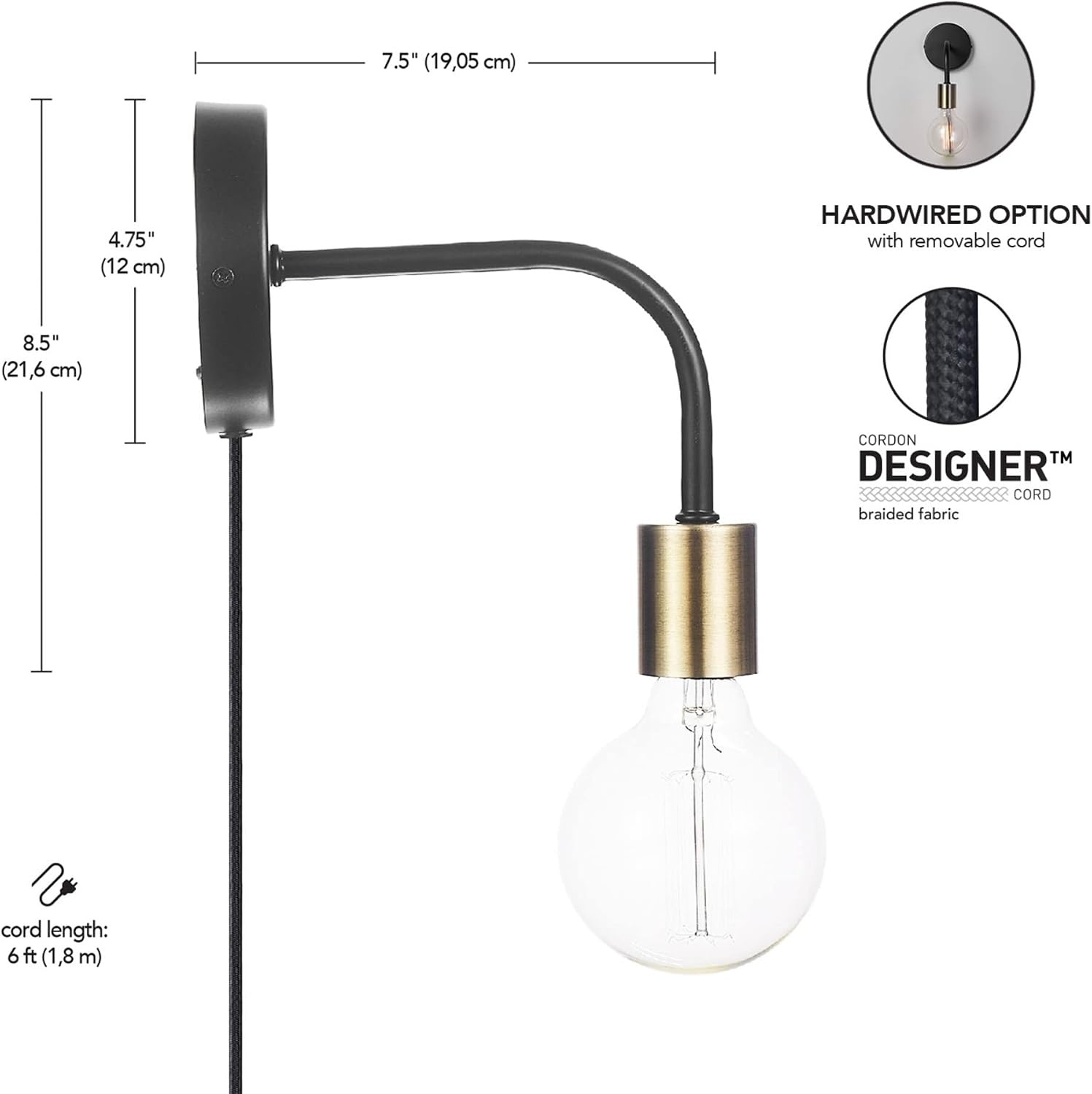 image:imageGlobe Electric 52103 1Light Long Arm Plugin or Hardwire Wall Sconce Matte Black Matte Brass Socket Wall Lights for Living Room Bedroom Den Apartment Essentials Mounted Bedside Lamp