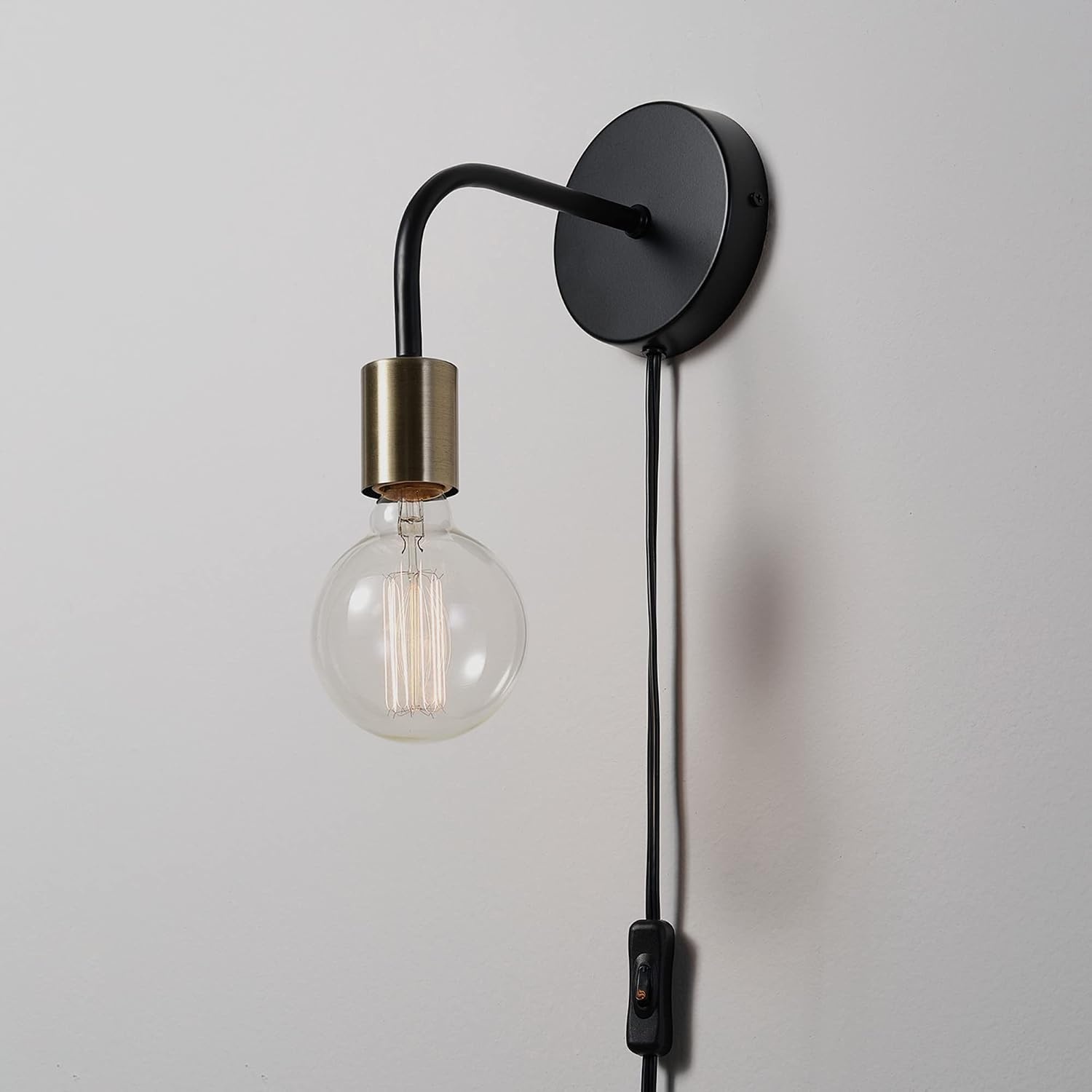 image:imageGlobe Electric 52103 1Light Long Arm Plugin or Hardwire Wall Sconce Matte Black Matte Brass Socket Wall Lights for Living Room Bedroom Den Apartment Essentials Mounted Bedside Lamp