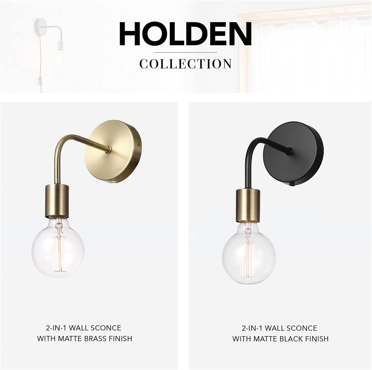 image:imageGlobe Electric 52103 1Light Long Arm Plugin or Hardwire Wall Sconce Matte Black Matte Brass Socket Wall Lights for Living Room Bedroom Den Apartment Essentials Mounted Bedside Lamp