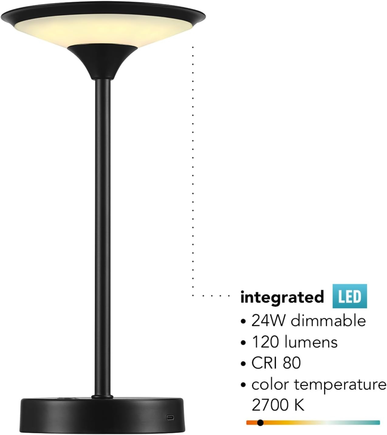 image:imageGlobe Electric 60000118 8 15W LED Integrated Outdoor Table Lamp Black Plugin Rechargeable Battery USBC Cable Frosted Acrylic Diffuser 4Step Dimmer Touch Switch Wet RatedBlack