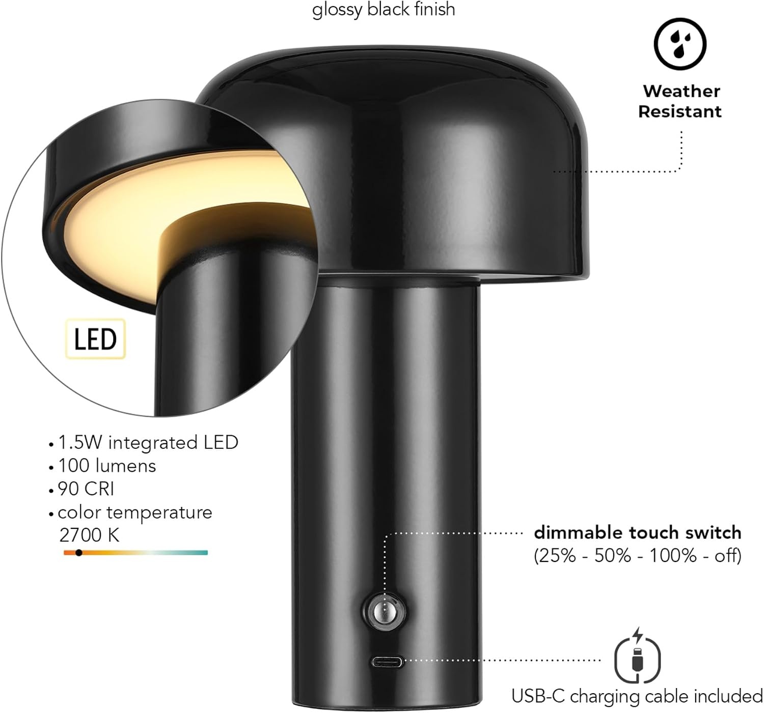 image:imageGlobe Electric 60000118 8 15W LED Integrated Outdoor Table Lamp Black Plugin Rechargeable Battery USBC Cable Frosted Acrylic Diffuser 4Step Dimmer Touch Switch Wet RatedBlack LED