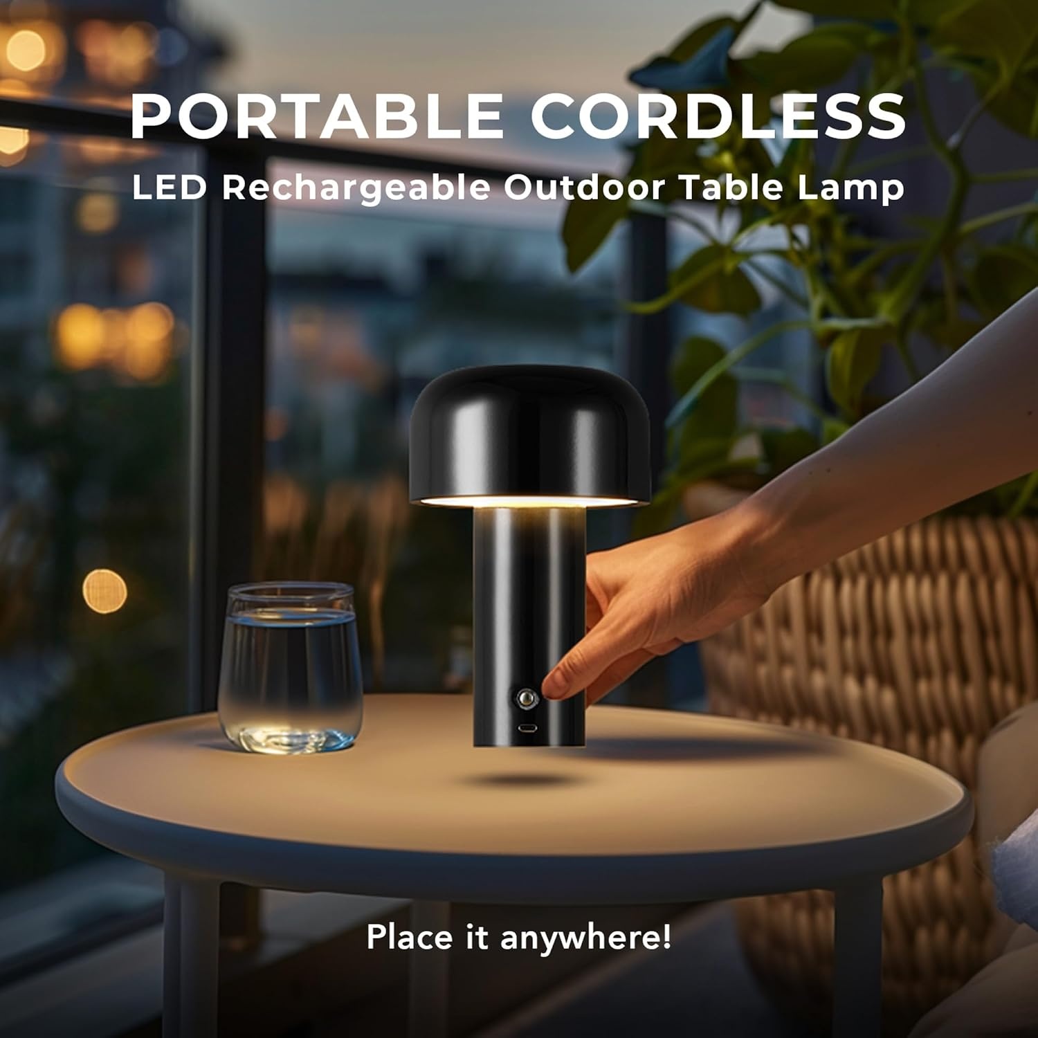 image:imageGlobe Electric 60000118 8 15W LED Integrated Outdoor Table Lamp Black Plugin Rechargeable Battery USBC Cable Frosted Acrylic Diffuser 4Step Dimmer Touch Switch Wet RatedBlack LED