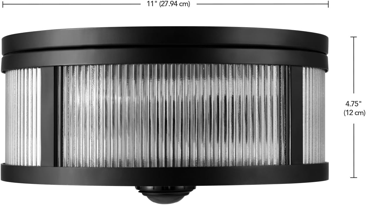 image:imageGlobe Electric 60000123 2Light Motion Activated Outdoor Flush Mount Ceiling Light Matte Black Ribbed Glass Shade Frosted Lens 360Degree Detection 25ft Range Weather Resistant Kitchen Dcor