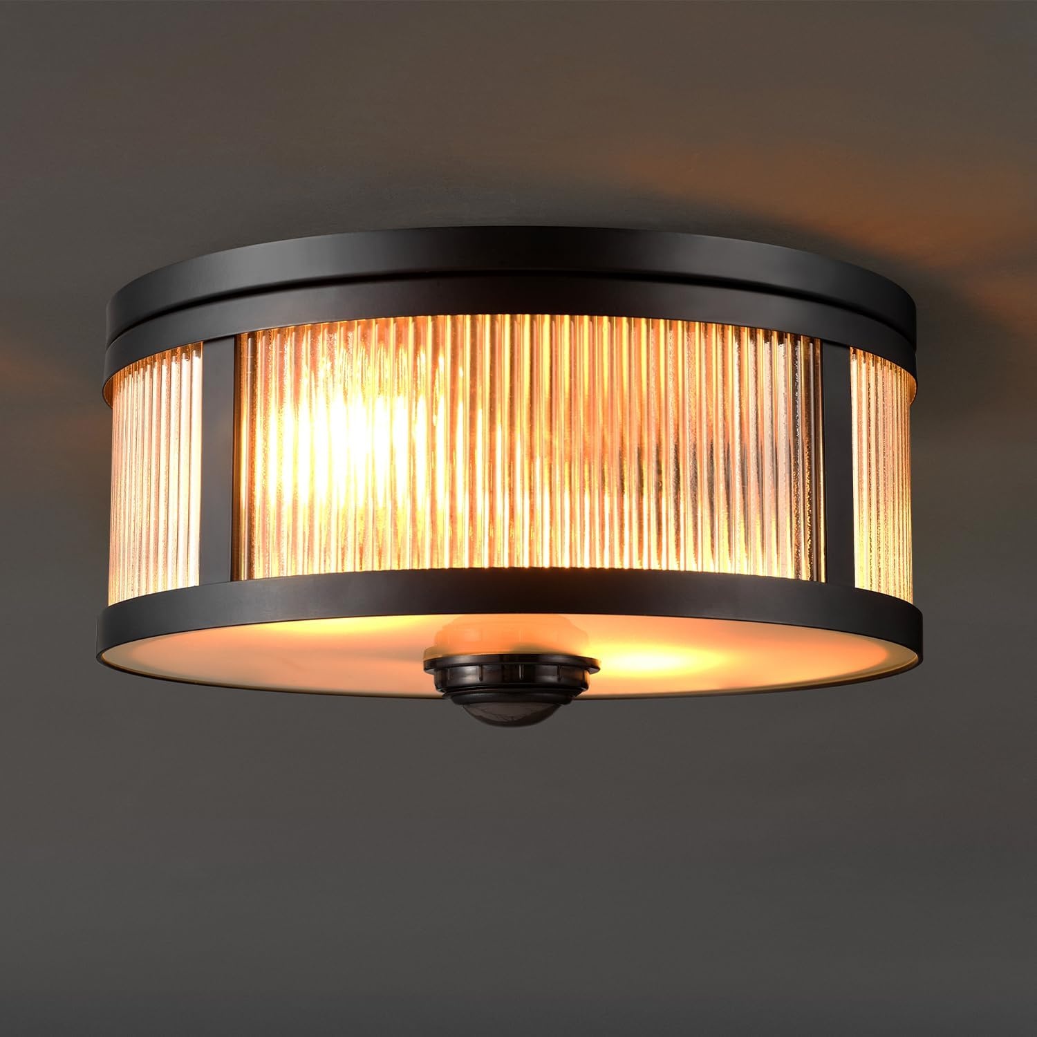 image:imageGlobe Electric 60000123 2Light Motion Activated Outdoor Flush Mount Ceiling Light Matte Black Ribbed Glass Shade Frosted Lens 360Degree Detection 25ft Range Weather Resistant Kitchen Dcor