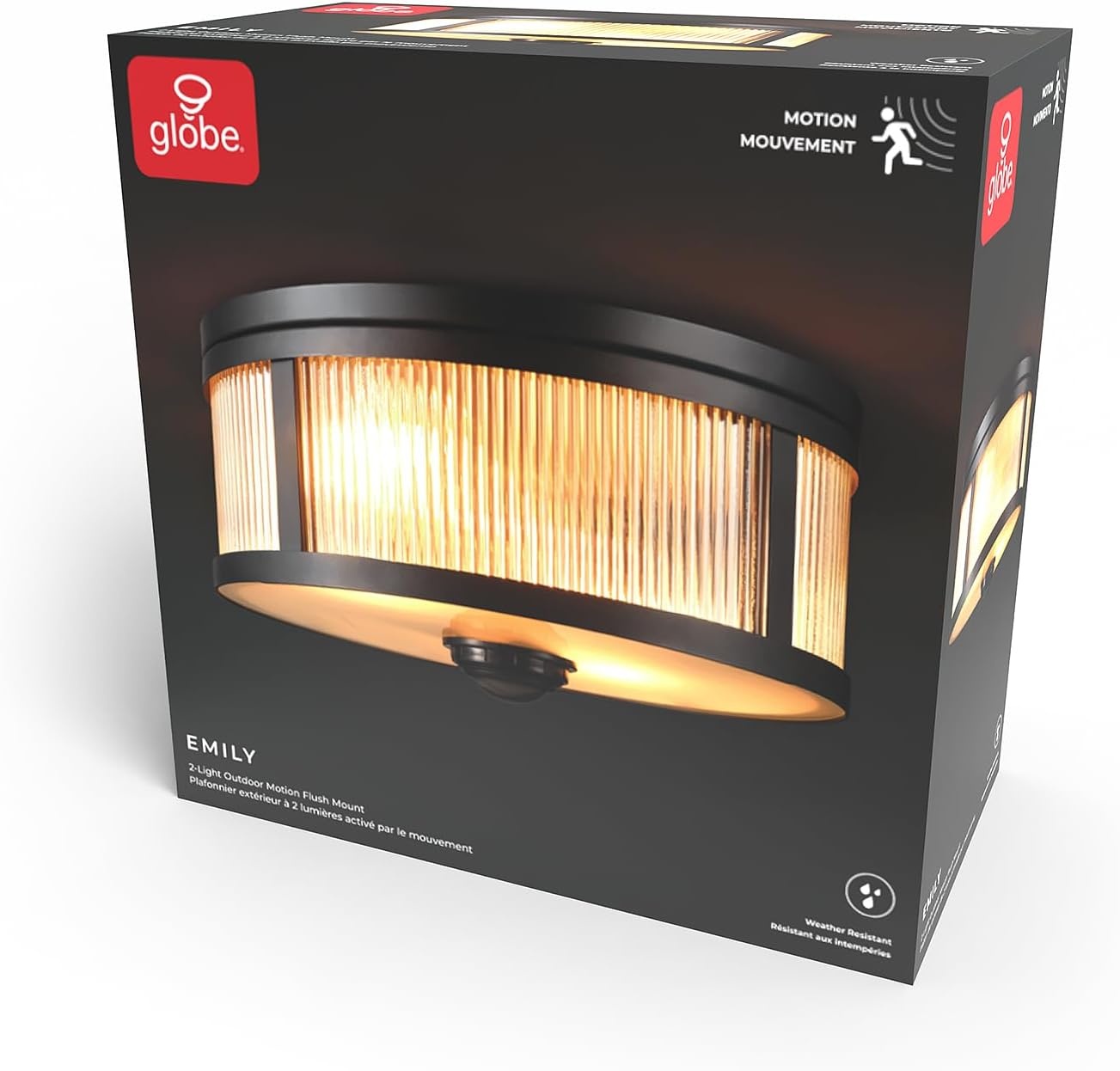 image:imageGlobe Electric 60000123 2Light Motion Activated Outdoor Flush Mount Ceiling Light Matte Black Ribbed Glass Shade Frosted Lens 360Degree Detection 25ft Range Weather Resistant Kitchen Dcor