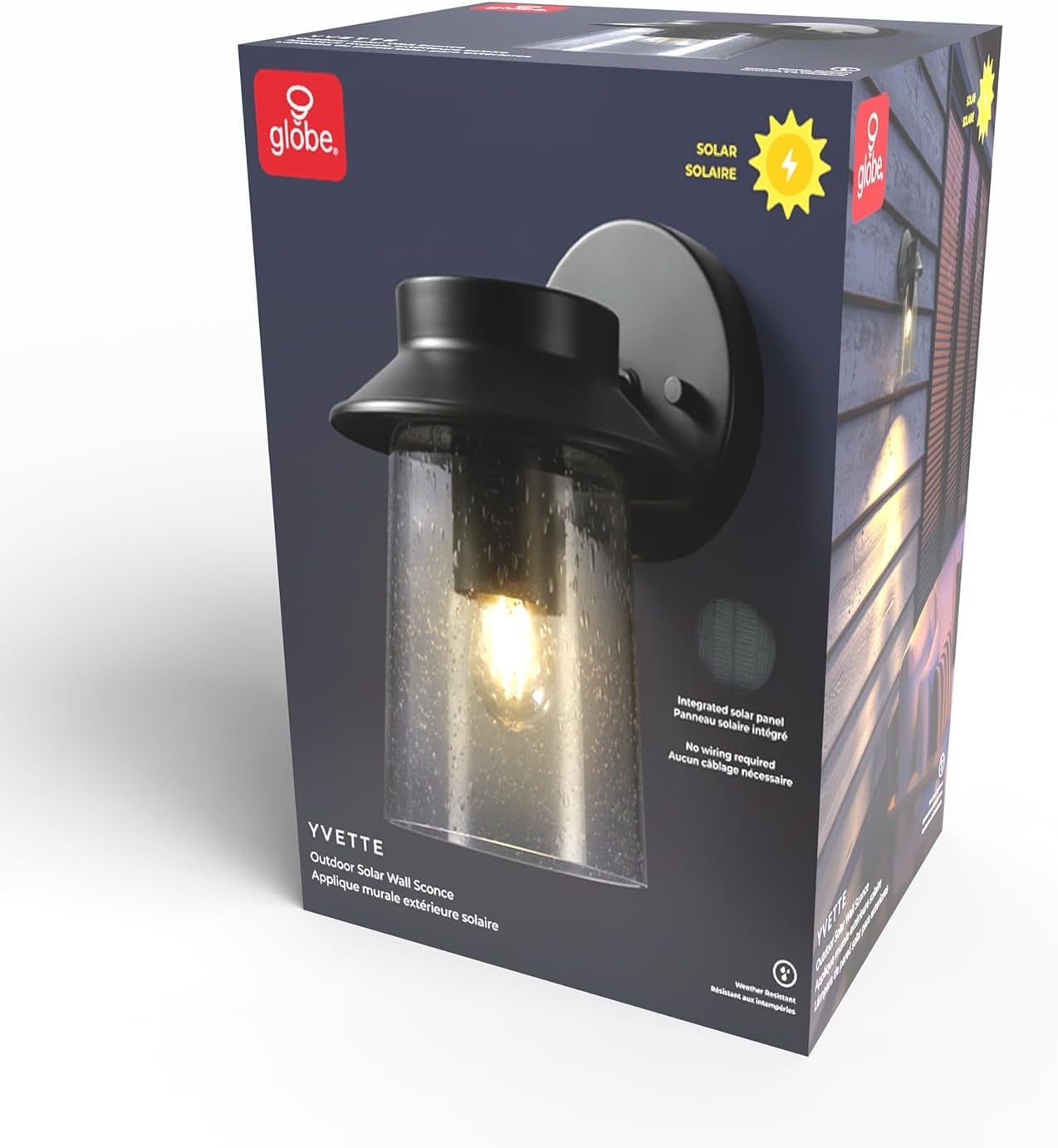 image:imageGlobe Electric 60000130 LED Integrated Outdoor Solar Wall Sconce Matte Black Seeded Glass Shade Faux Filament Bulb 1 Watt 100 Lumens 3000 Kelvin 80 CRI