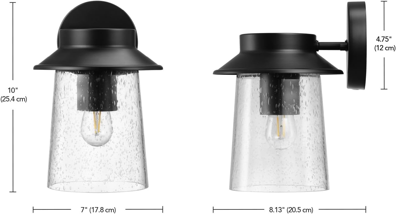 image:imageGlobe Electric 60000130 LED Integrated Outdoor Solar Wall Sconce Matte Black Seeded Glass Shade Faux Filament Bulb 1 Watt 100 Lumens 3000 Kelvin 80 CRI