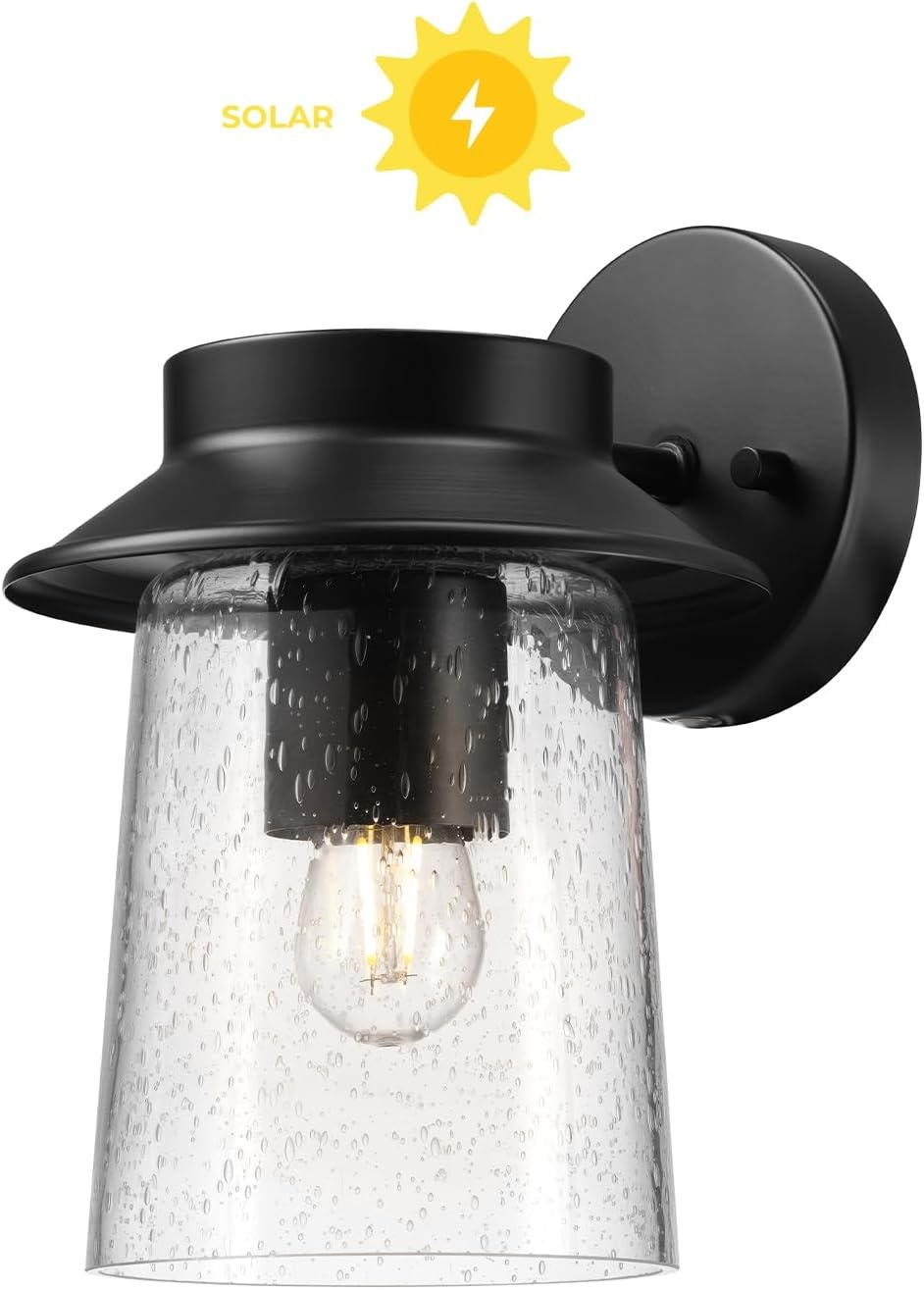 image:imageGlobe Electric 60000130 LED Integrated Outdoor Solar Wall Sconce Matte Black Seeded Glass Shade Faux Filament Bulb 1 Watt 100 Lumens 3000 Kelvin 80 CRI