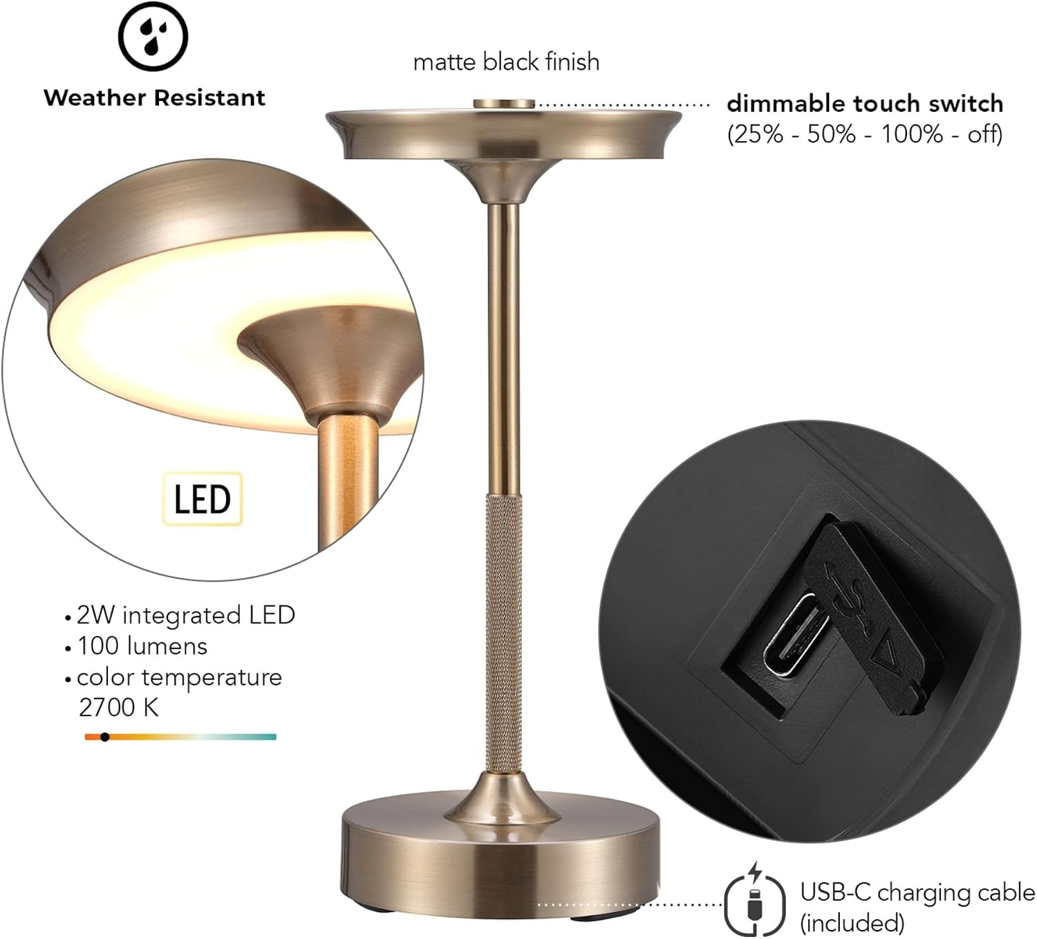 image:imageGlobe Electric 60000176 105 2W Led Integrated Outdoor Table Lamp Black Rechargeable Battery USBC Charging Cable Included 3Level Touch Dimmer Switch Damp RatedBrass
