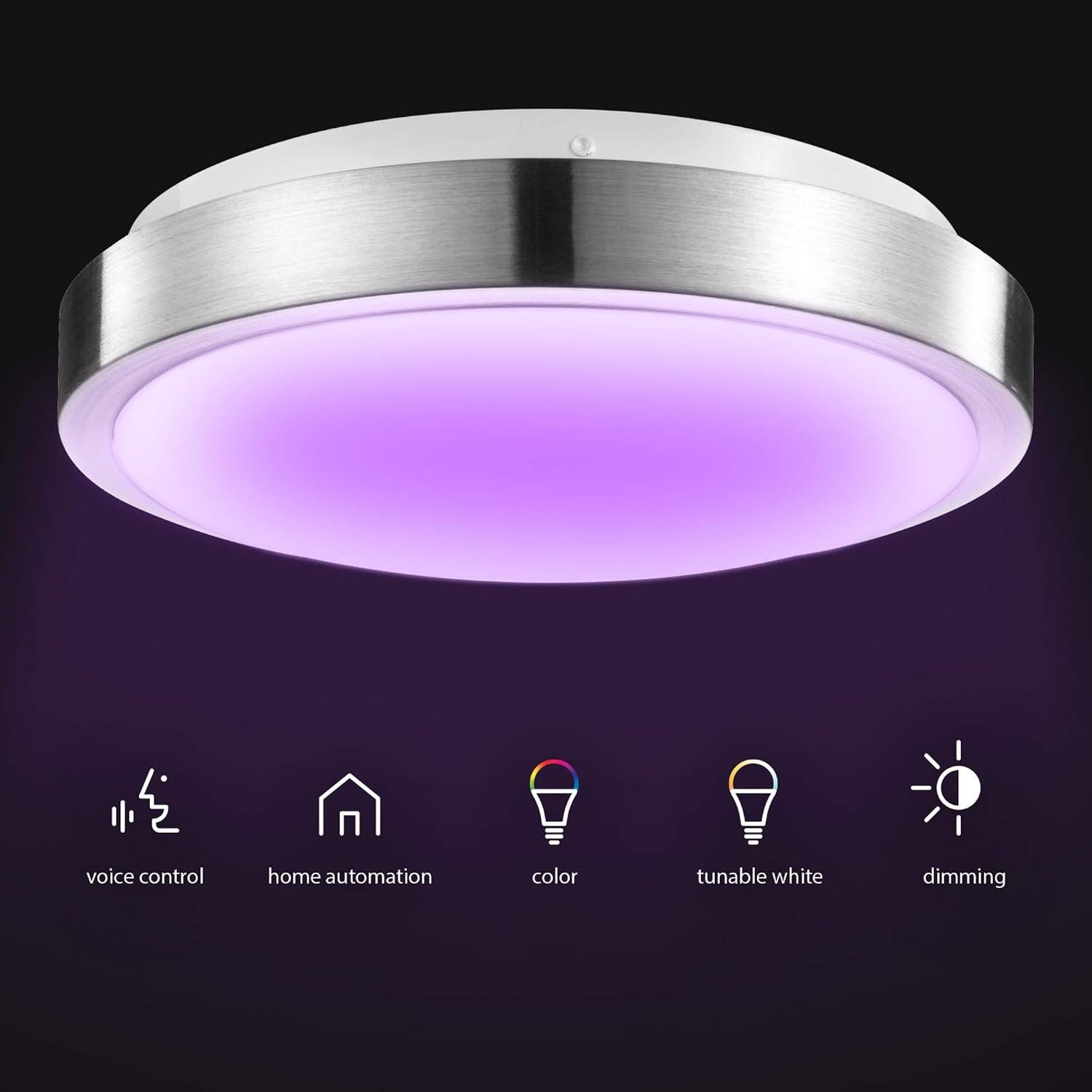 image:imageGlobe Electric 60839 WiFi Smart 11 Flush Mount Ceiling Light Brushed Nickel No Hub Required Voice Activated Energy Star 16 W Multicolor Changing RGB White 2000K 5000K 1120 Lumens 80 CRIBrushed Nickel