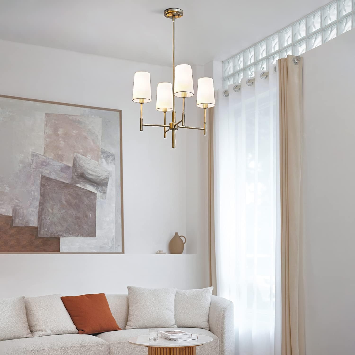 image:imageGlobe Electric 61255 Ronnie 4Light Chandelier Brass White Fabric Shades Bulb Not Included