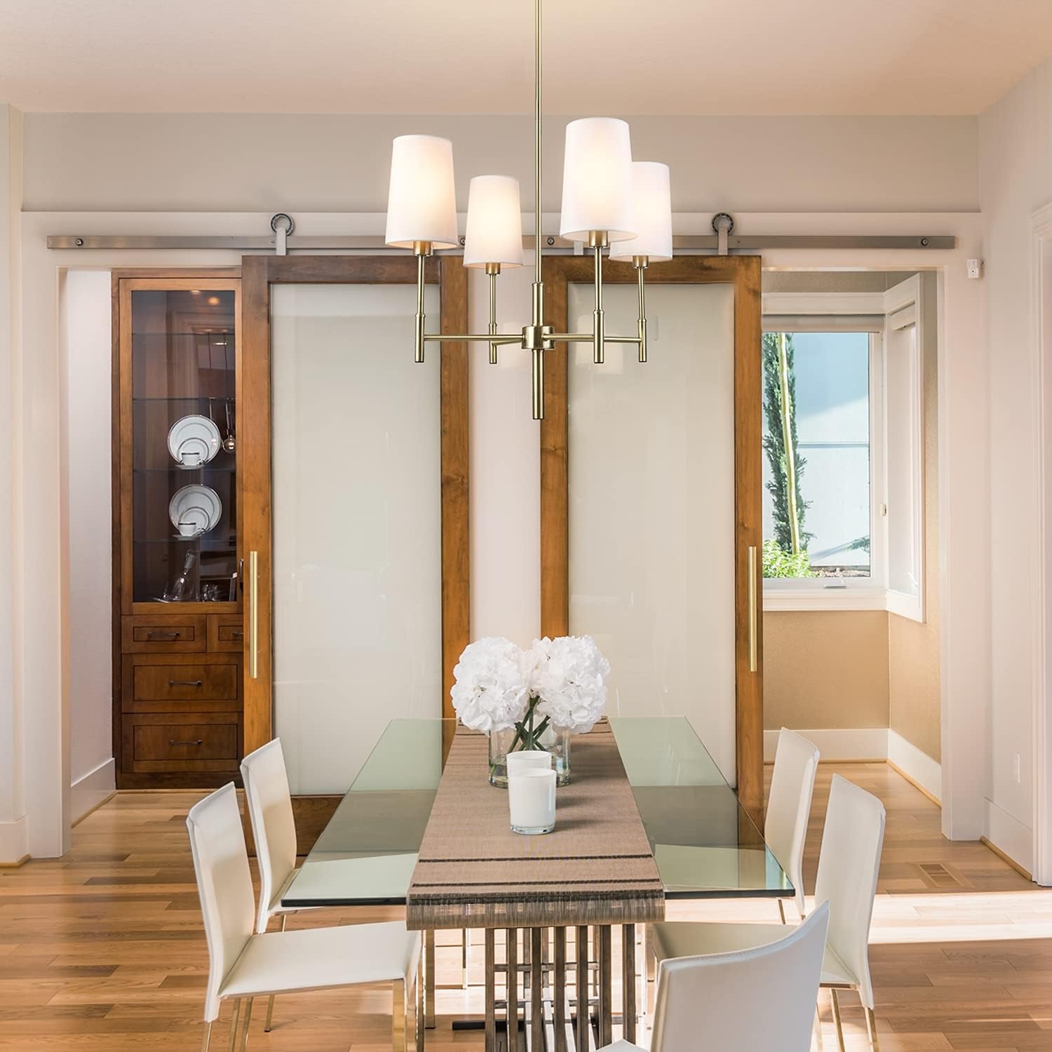 image:imageGlobe Electric 61255 Ronnie 4Light Chandelier Brass White Fabric Shades Bulb Not Included