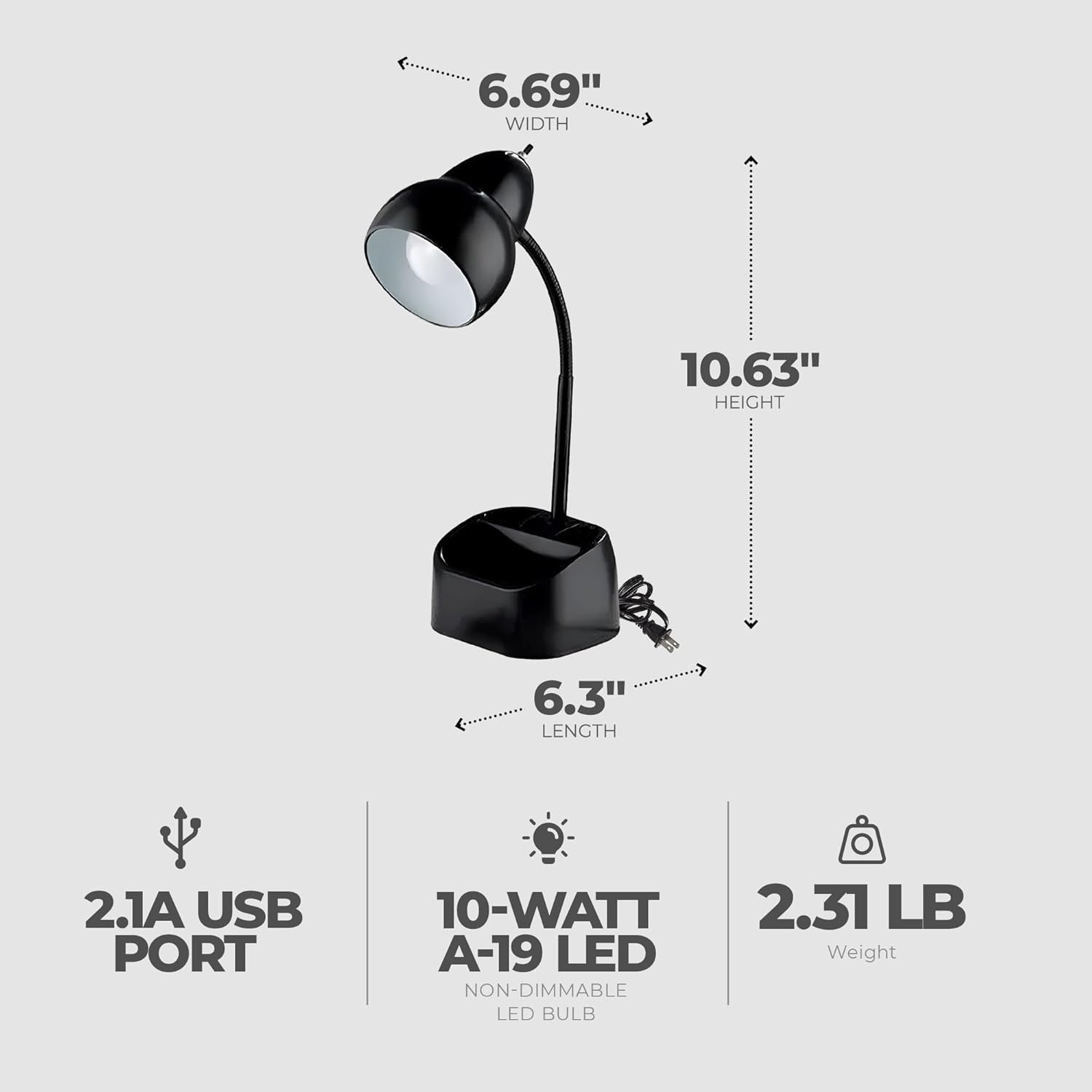 image:imageGlobe Electric 63 x 669 x 1063 Inches Goose Neck Desk Lamp with 10 Watt A19 Non Dimmable LED Bulb 21a USB Port and Organizer Black