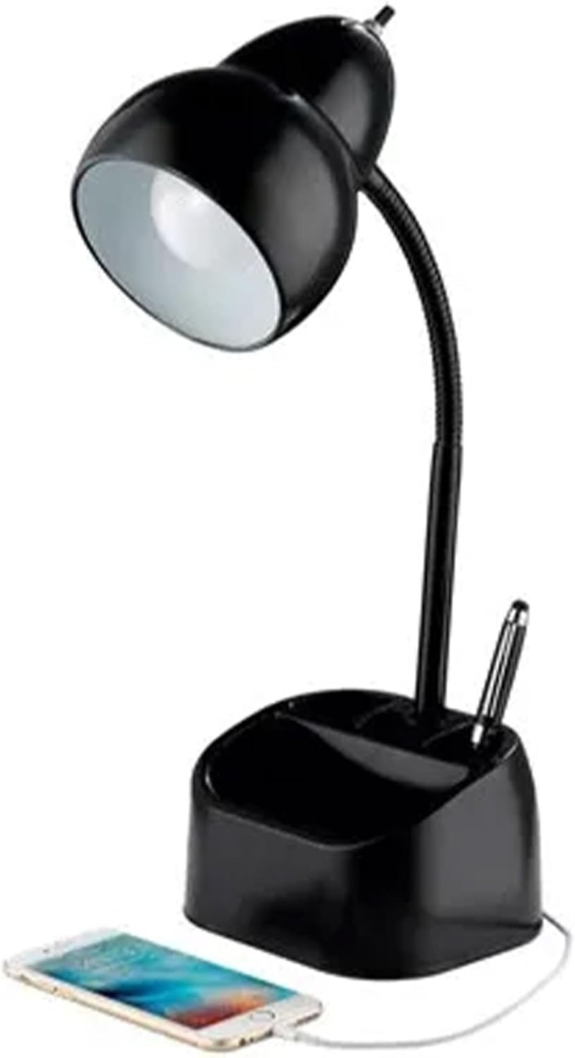 image:imageGlobe Electric 63 x 669 x 1063 Inches Goose Neck Desk Lamp with 10 Watt A19 Non Dimmable LED Bulb 21a USB Port and Organizer Black