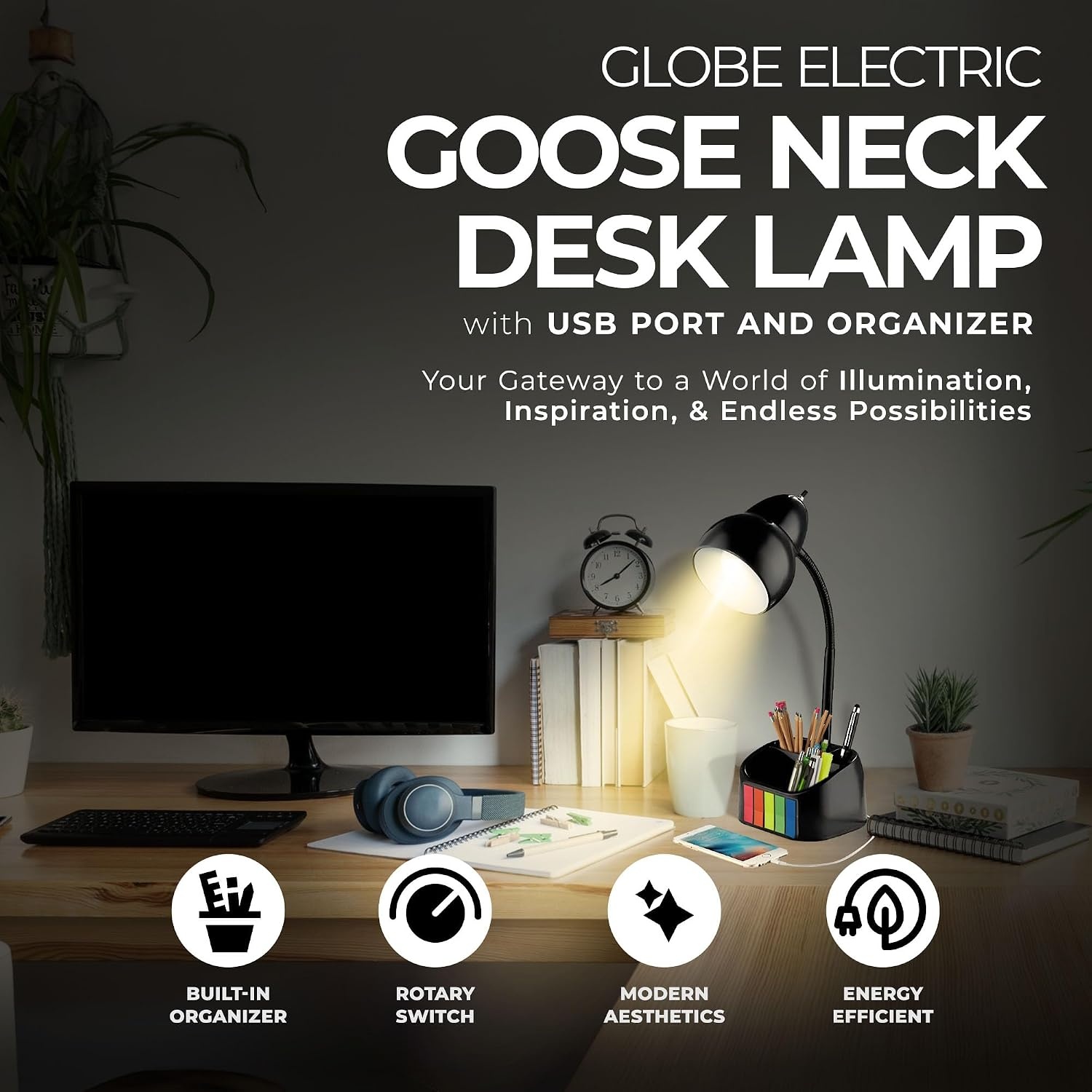 image:imageGlobe Electric 63 x 669 x 1063 Inches Goose Neck Desk Lamp with 10 Watt A19 Non Dimmable LED Bulb 21a USB Port and Organizer Black