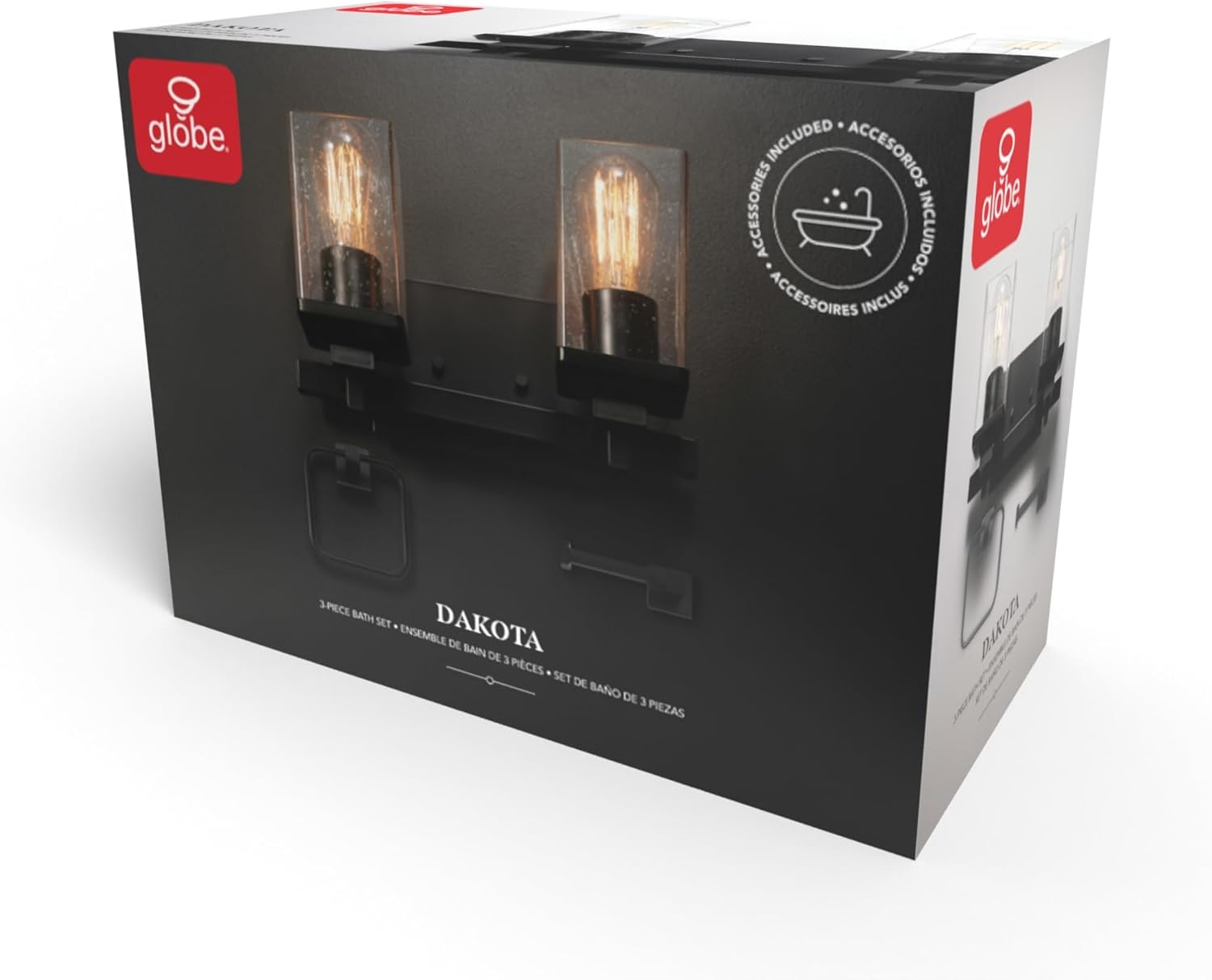 image:imageGlobe Electric 63000101 3Piece Powder Room Set Matte Black 13 2Light Vanity Fixture Seeded Glass Shades Towel Ring Toilet Paper Holder Bathroom Decor Lighting Over Mirror Home EssentialsMatte Black