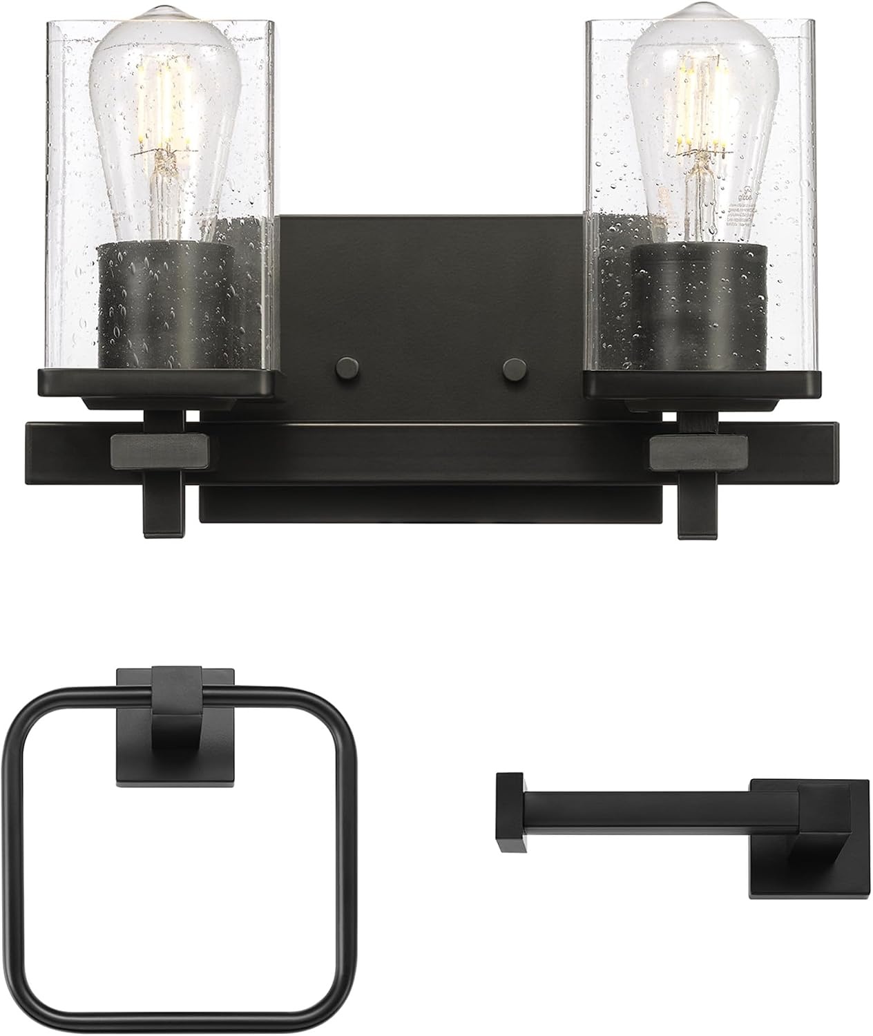 image:imageGlobe Electric 63000101 3Piece Powder Room Set Matte Black 13 2Light Vanity Fixture Seeded Glass Shades Towel Ring Toilet Paper Holder Bathroom Decor Lighting Over Mirror Home EssentialsMatte Black