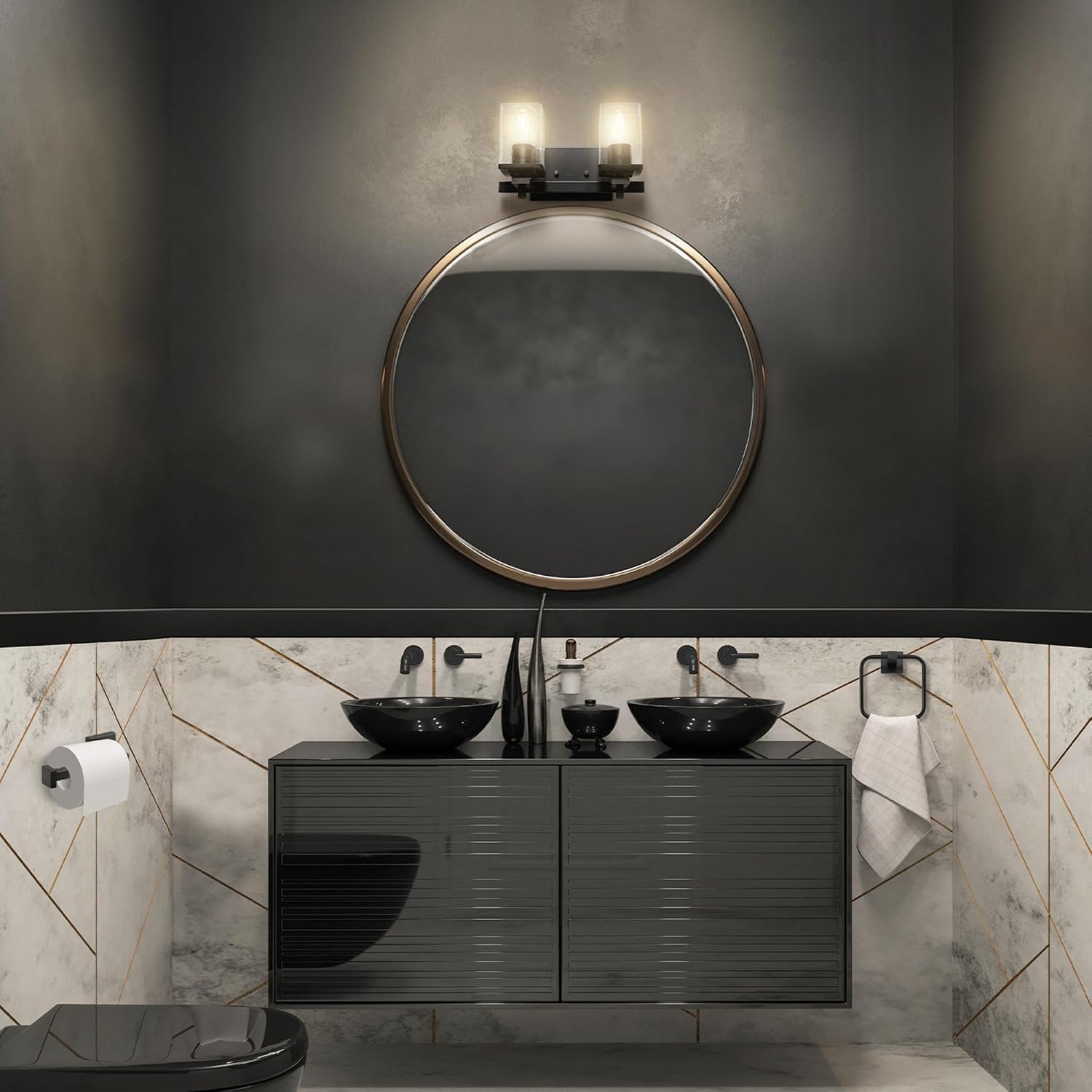 image:imageGlobe Electric 63000101 3Piece Powder Room Set Matte Black 13 2Light Vanity Fixture Seeded Glass Shades Towel Ring Toilet Paper Holder Bathroom Decor Lighting Over Mirror Home EssentialsMatte Black