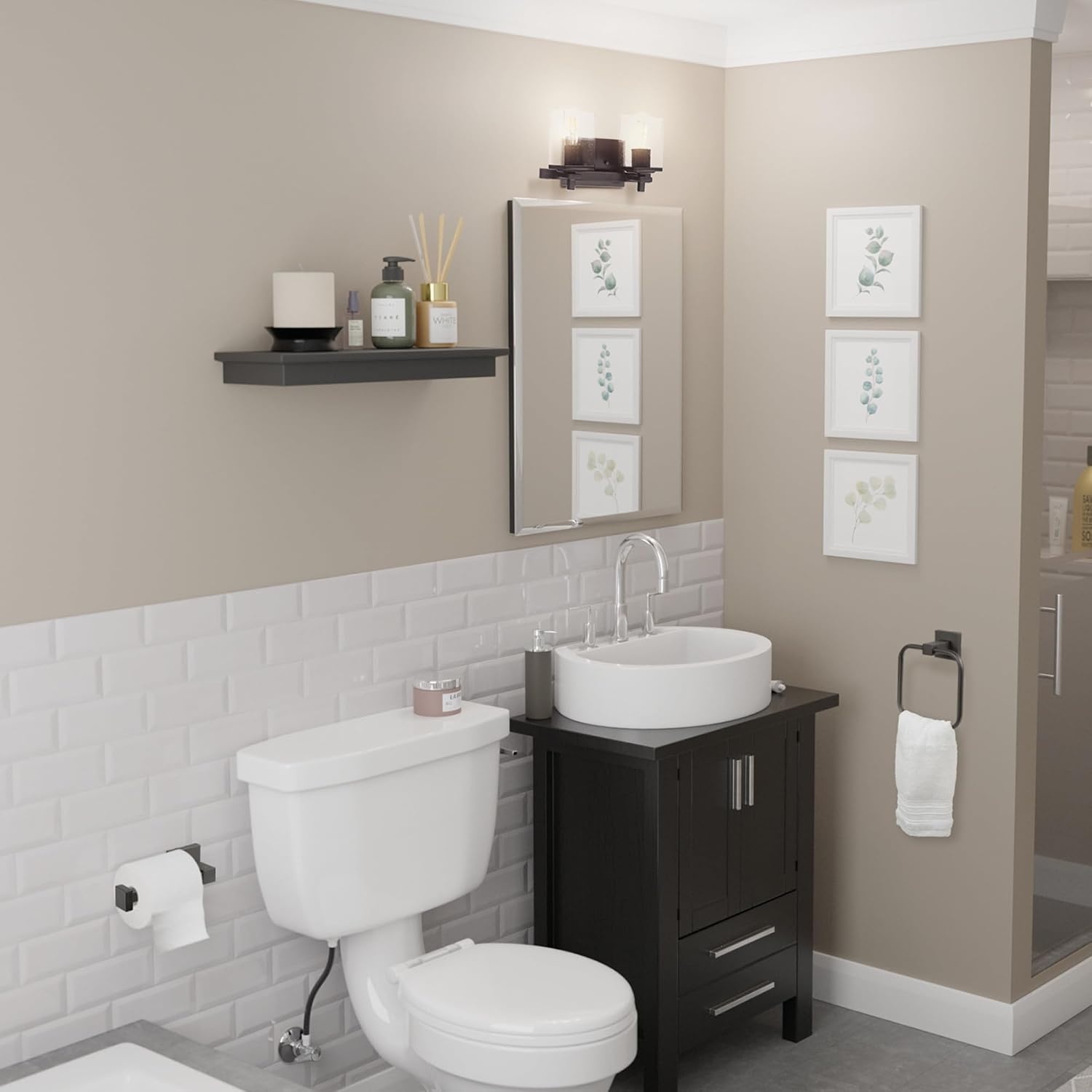 image:imageGlobe Electric 63000101 3Piece Powder Room Set Matte Black 13 2Light Vanity Fixture Seeded Glass Shades Towel Ring Toilet Paper Holder Bathroom Decor Lighting Over Mirror Home EssentialsMatte Black