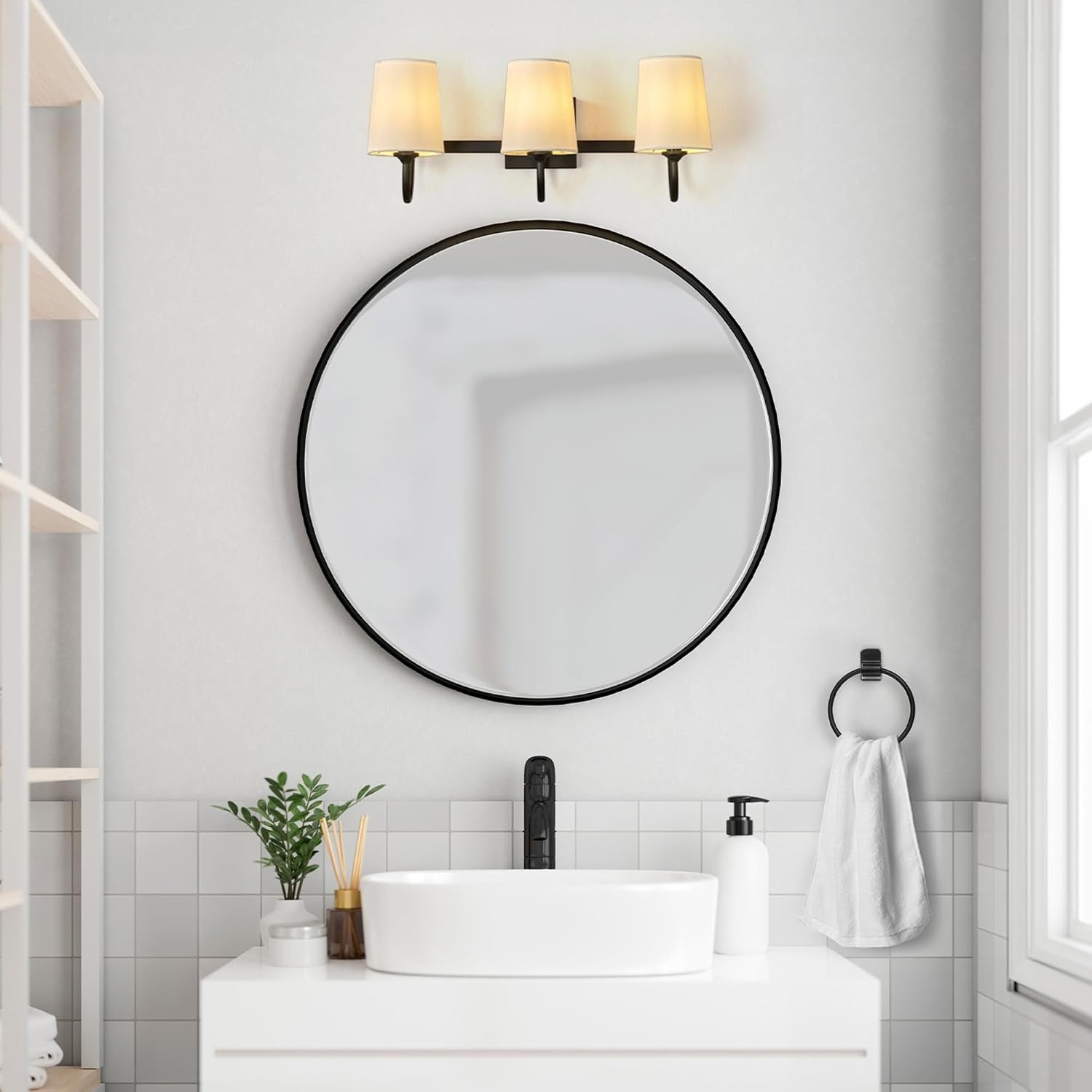 image:imageGlobe Electric 63000104 3Piece Bath Accessories Satin Nickel Finish 15 2Light Vanity Light Alabaster Glass Shades Toilet Paper Holder Towel Ring Bathroom Dcor Home EssentialsBlack Linen Shades