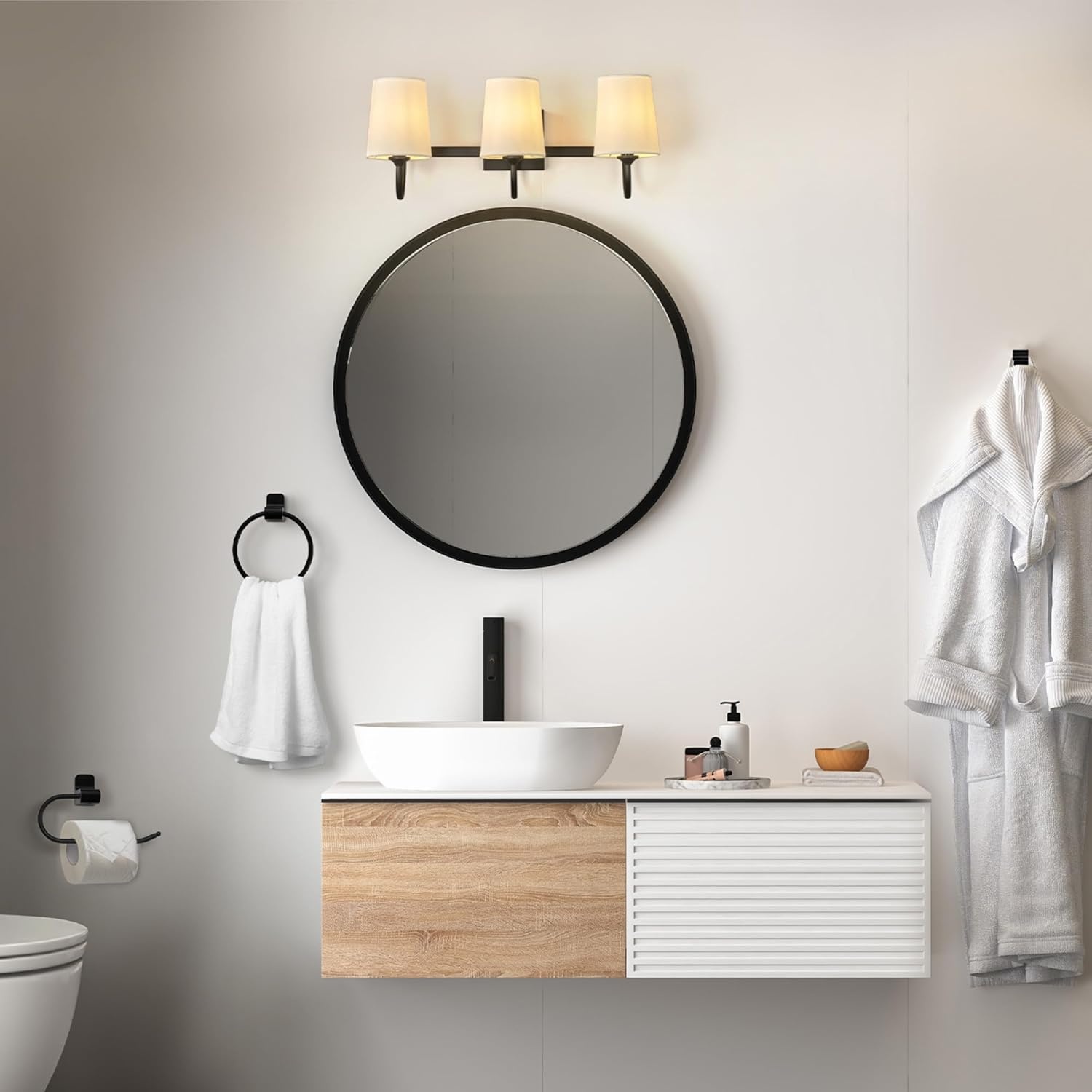 image:imageGlobe Electric 63000104 3Piece Bath Accessories Satin Nickel Finish 15 2Light Vanity Light Alabaster Glass Shades Toilet Paper Holder Towel Ring Bathroom Dcor Home EssentialsBlack Linen Shades