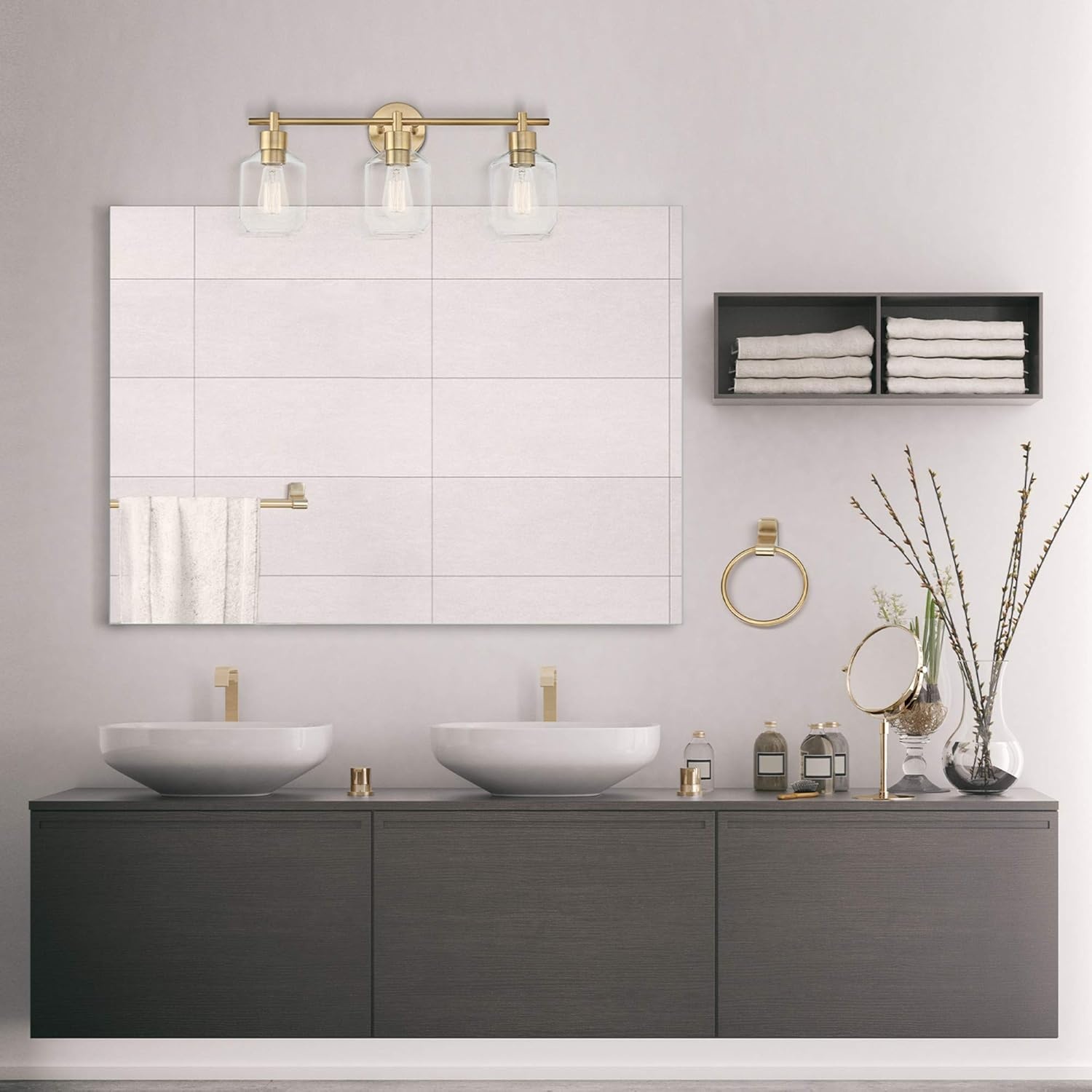 image:imageGlobe Electric 63000104 3Piece Bath Accessories Satin Nickel Finish 15 2Light Vanity Light Alabaster Glass Shades Toilet Paper Holder Towel Ring Bathroom Dcor Home EssentialsGold